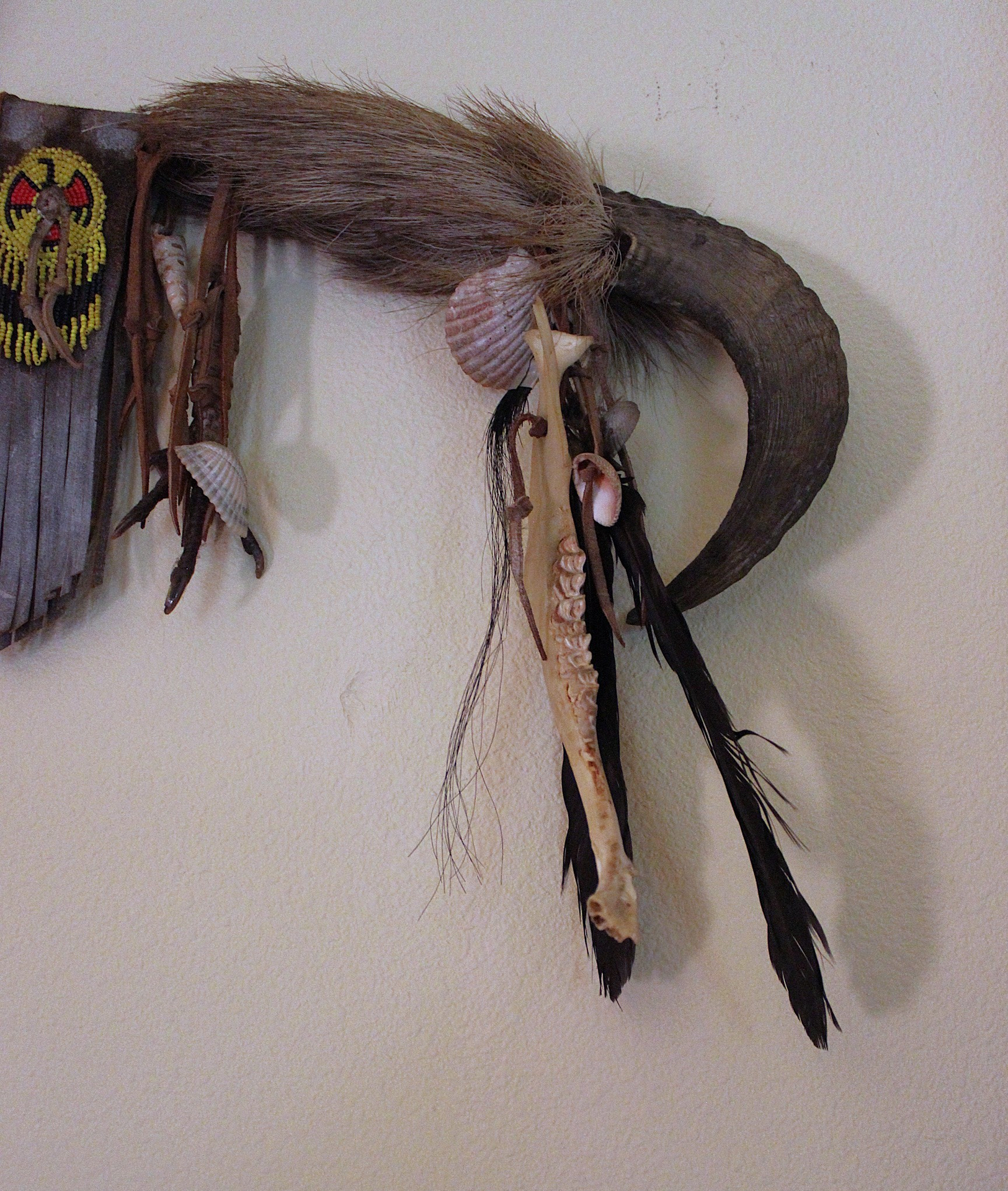 NEW! Authentic Native American Animal Spirit Wall Piece with Ram Skull,Jaw,Horn and Hoof, Beaded Findings, Shells, Leather and Carved Wood