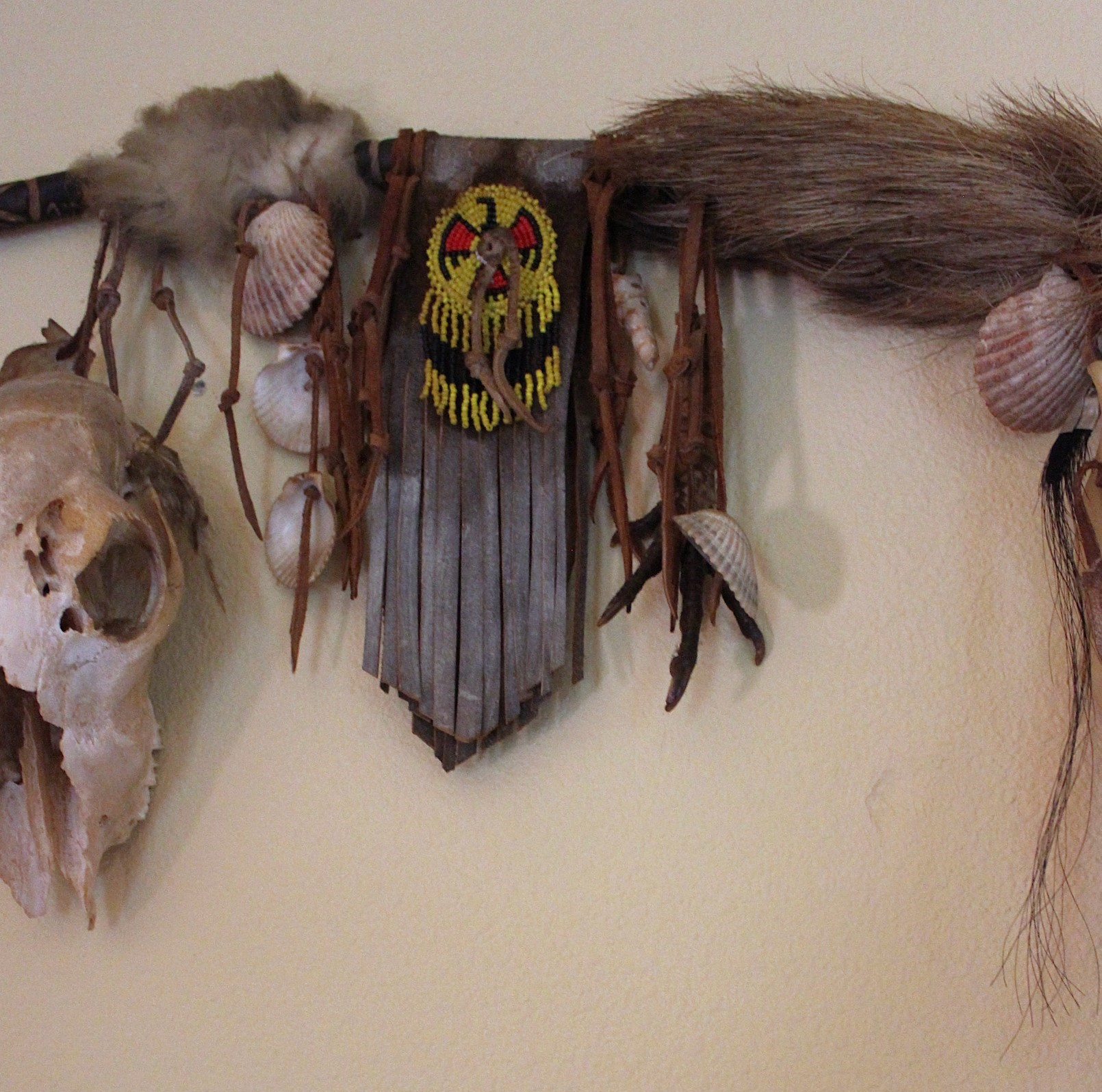 NEW! Authentic Native American Animal Spirit Wall Piece with Ram Skull,Jaw,Horn and Hoof, Beaded Findings, Shells, Leather and Carved Wood