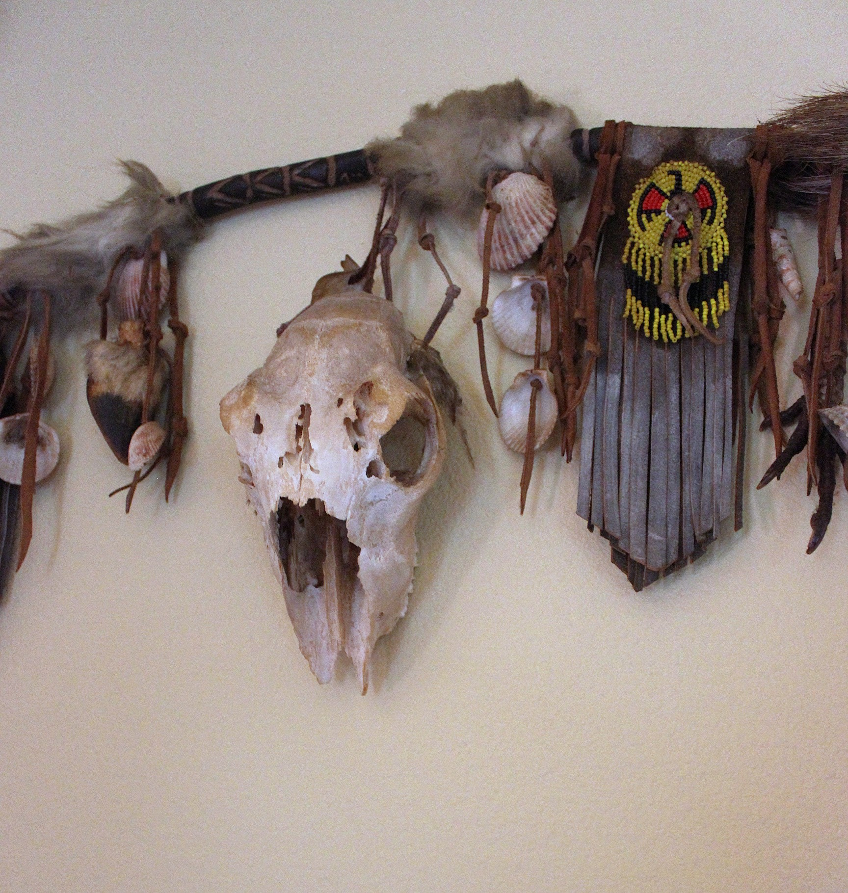 NEW! Authentic Native American Animal Spirit Wall Piece with Ram Skull,Jaw,Horn and Hoof, Beaded Findings, Shells, Leather and Carved Wood