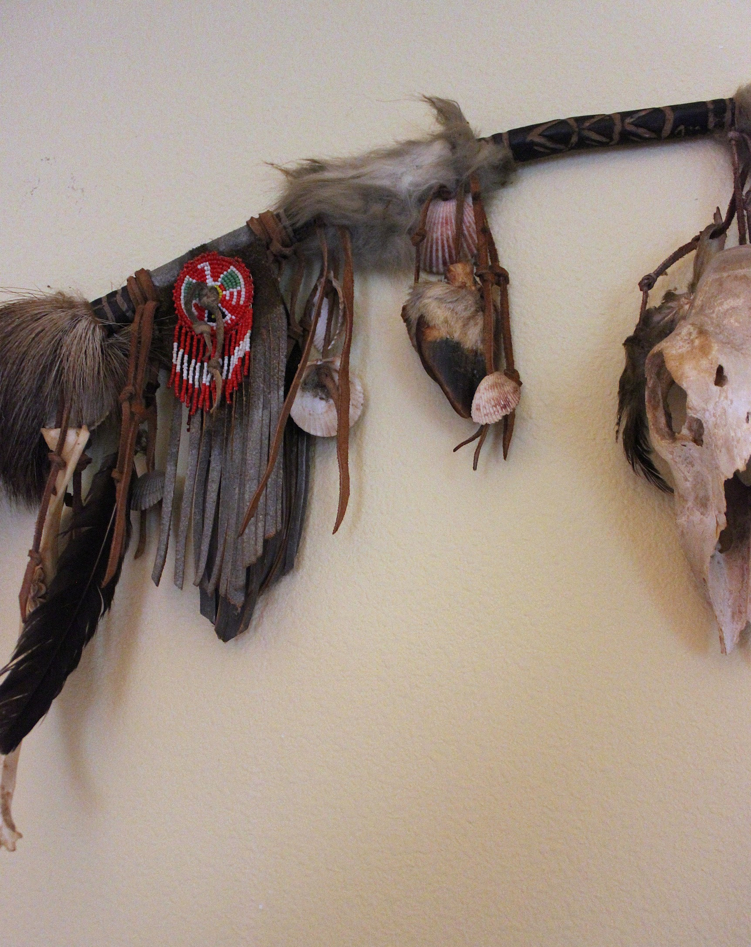 NEW! Authentic Native American Animal Spirit Wall Piece with Ram Skull,Jaw,Horn and Hoof, Beaded Findings, Shells, Leather and Carved Wood