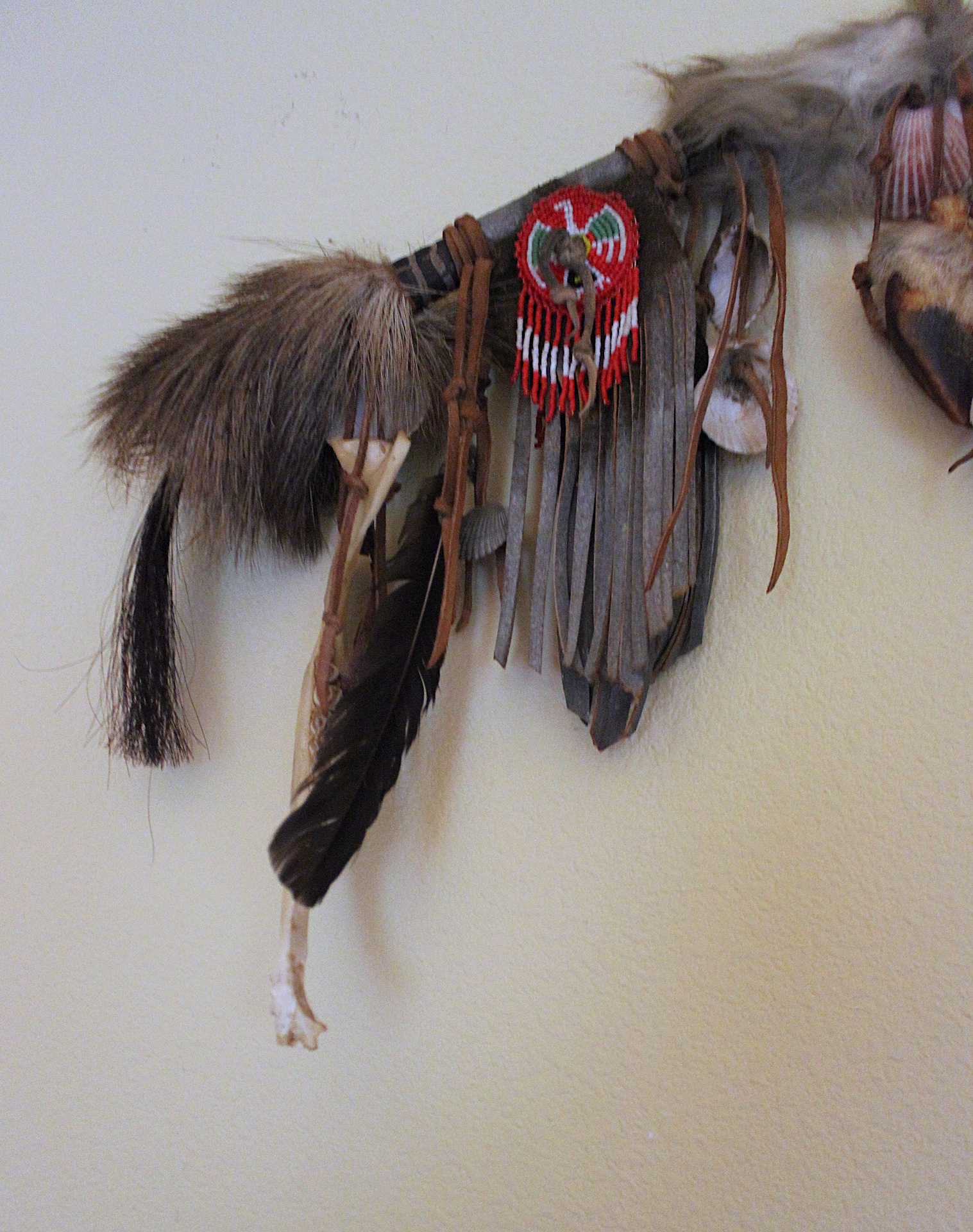 NEW! Authentic Native American Animal Spirit Wall Piece with Ram Skull,Jaw,Horn and Hoof, Beaded Findings, Shells, Leather and Carved Wood