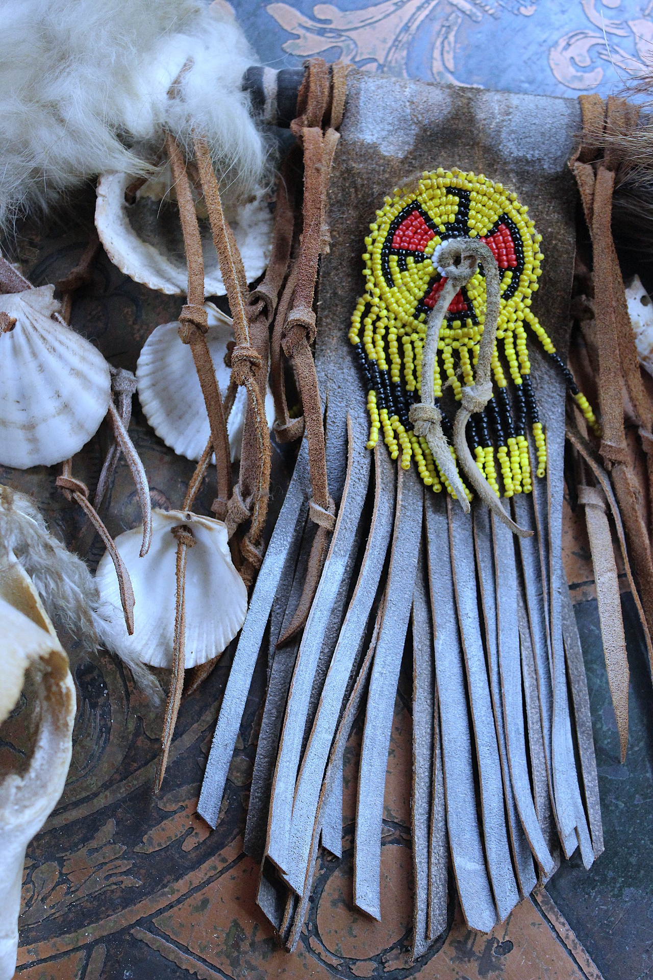 NEW! Authentic Native American Animal Spirit Wall Piece with Ram Skull,Jaw,Horn and Hoof, Beaded Findings, Shells, Leather and Carved Wood