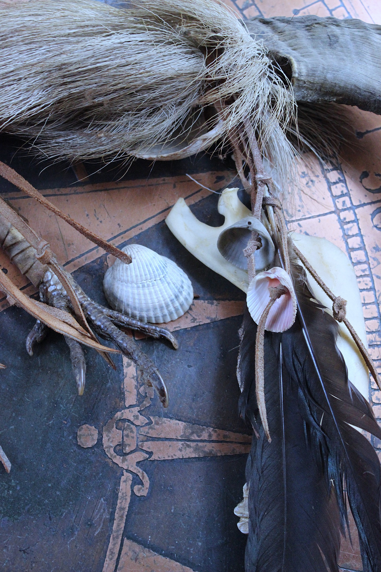 NEW! Authentic Native American Animal Spirit Wall Piece with Ram Skull,Jaw,Horn and Hoof, Beaded Findings, Shells, Leather and Carved Wood