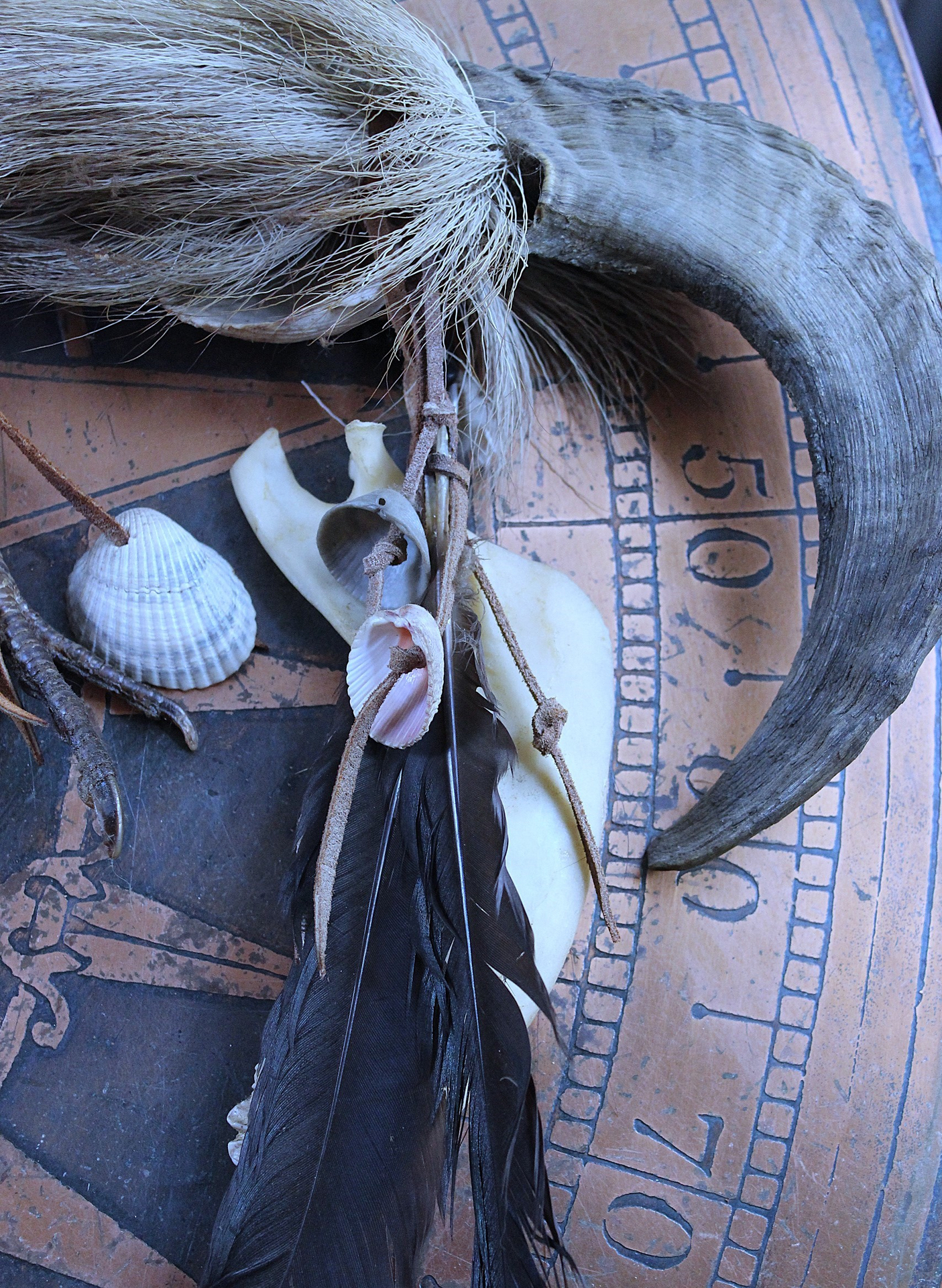 NEW! Authentic Native American Animal Spirit Wall Piece with Ram Skull,Jaw,Horn and Hoof, Beaded Findings, Shells, Leather and Carved Wood