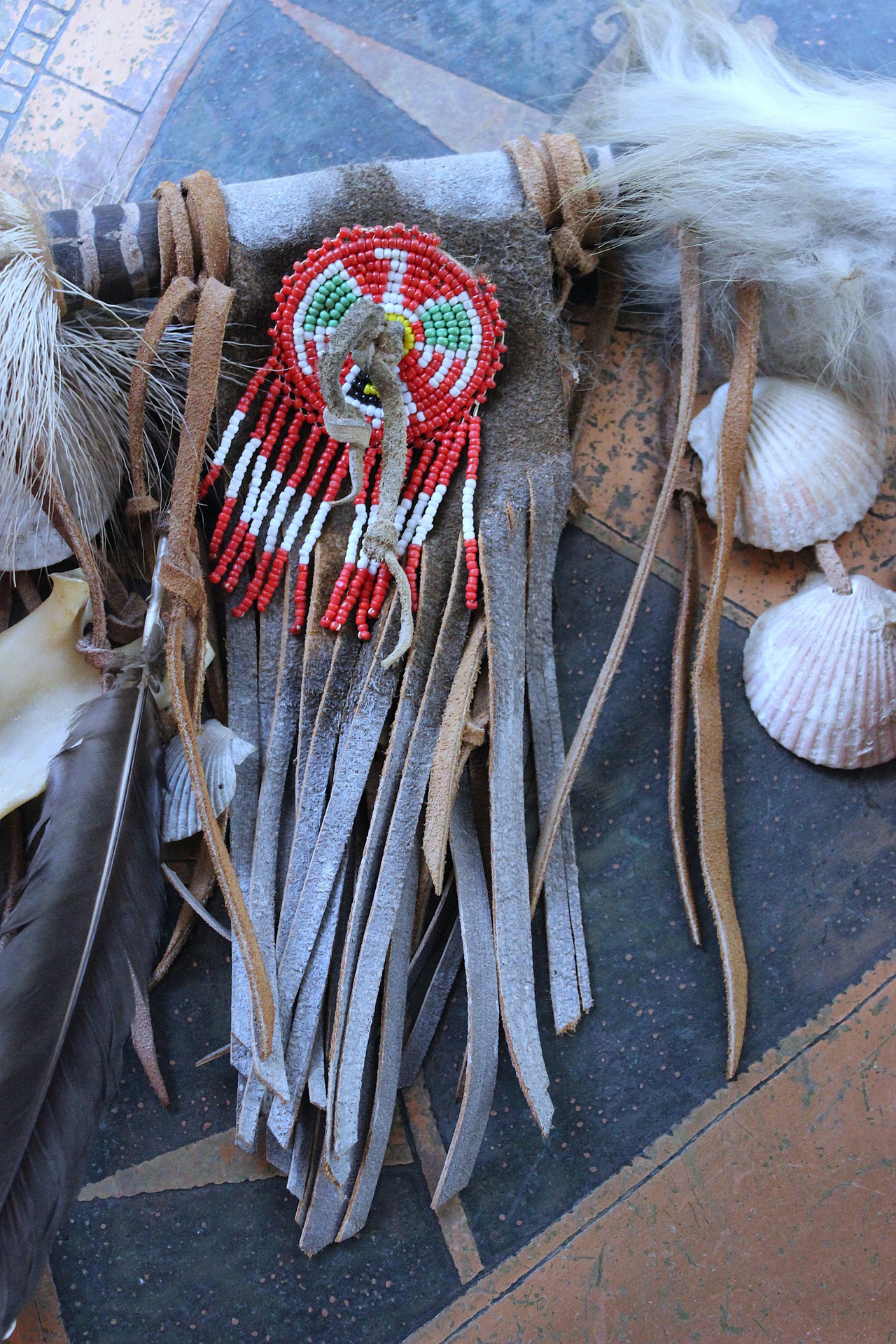 NEW! Authentic Native American Animal Spirit Wall Piece with Ram Skull,Jaw,Horn and Hoof, Beaded Findings, Shells, Leather and Carved Wood