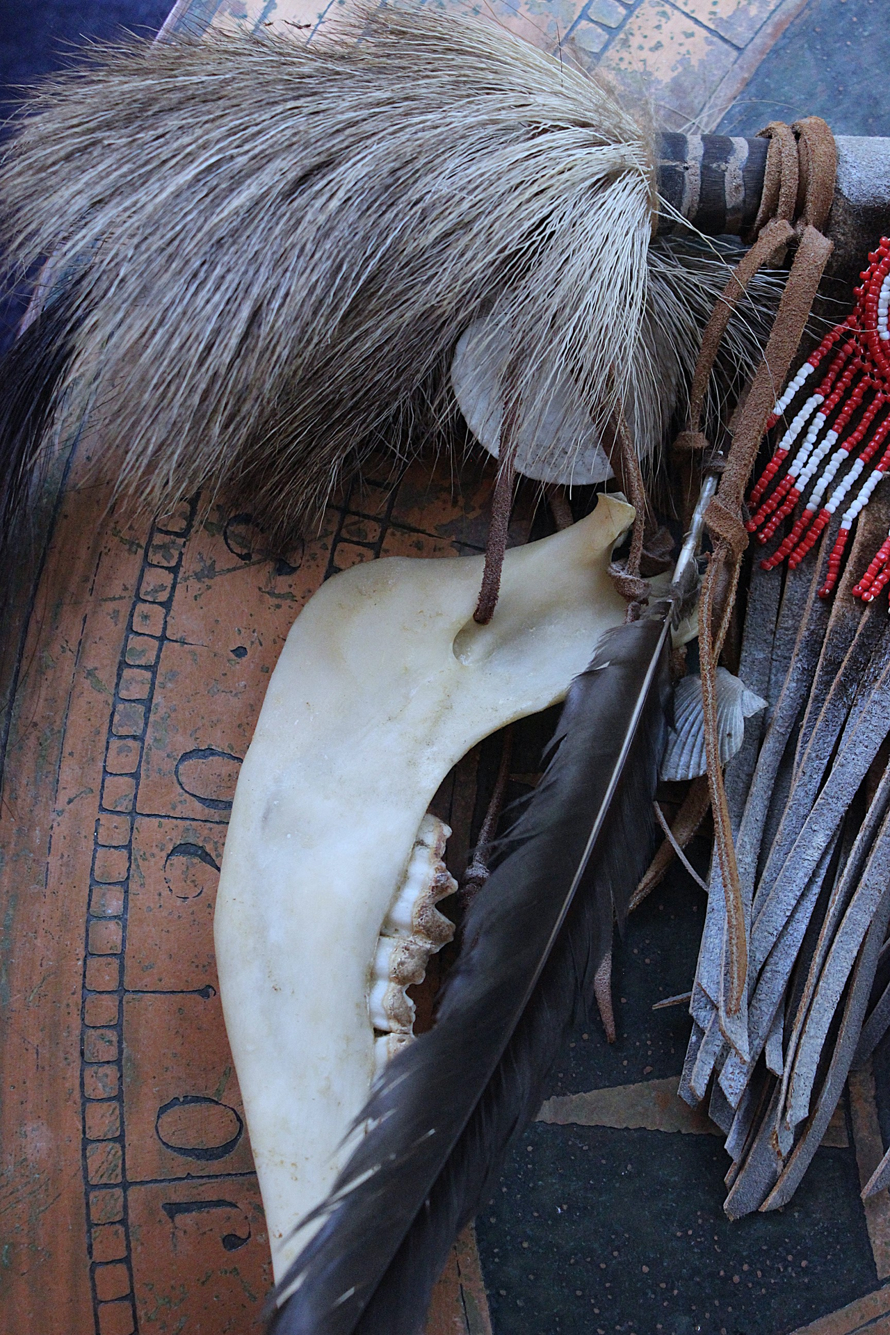 NEW! Authentic Native American Animal Spirit Wall Piece with Ram Skull,Jaw,Horn and Hoof, Beaded Findings, Shells, Leather and Carved Wood