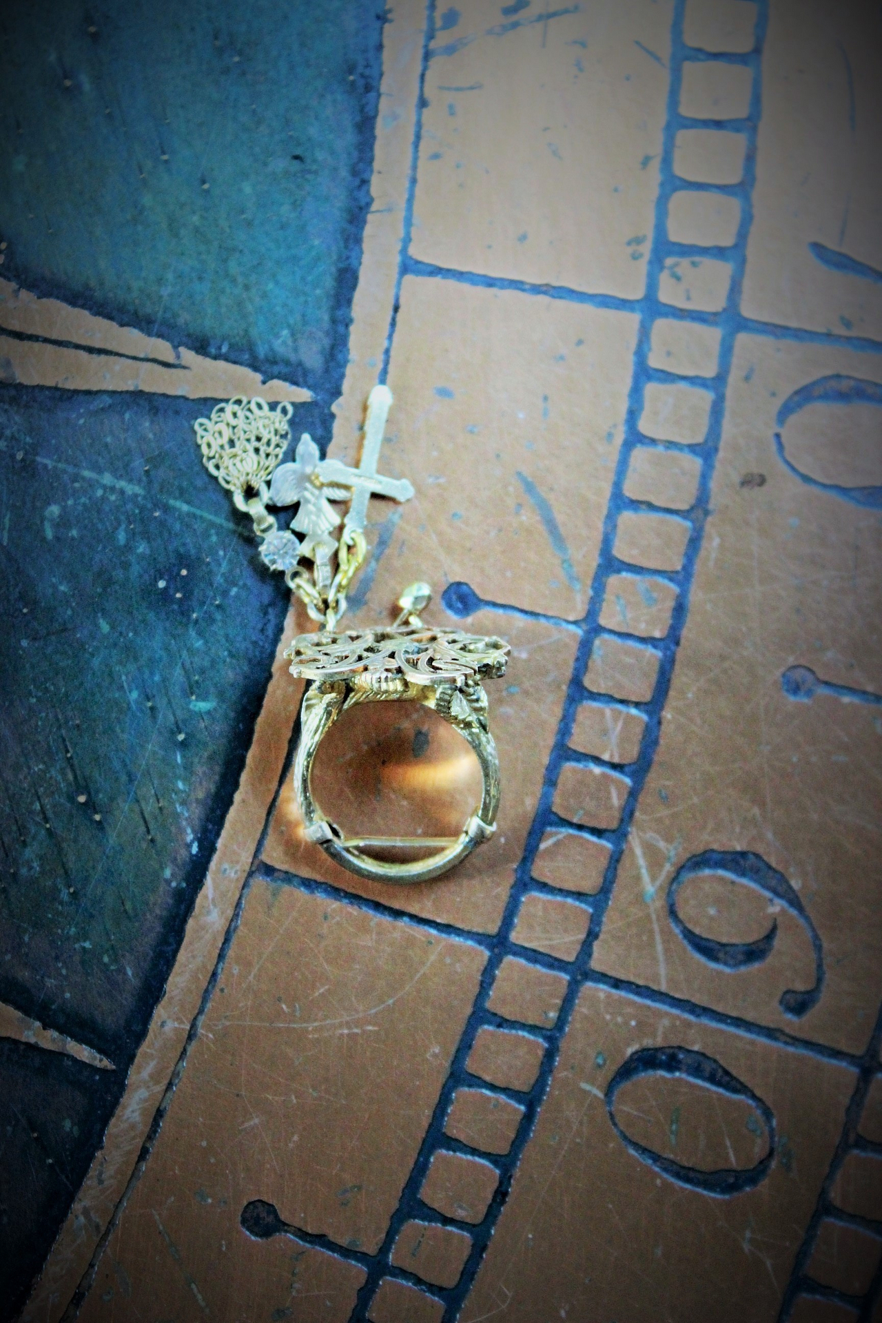 Spiritus Sancti Ring w/Antique Holy Spirit Dove,Antique Sterling Vermeil Cross,Gold Fill Chain Tassel,Vintage Faceted Rhinestone Connector