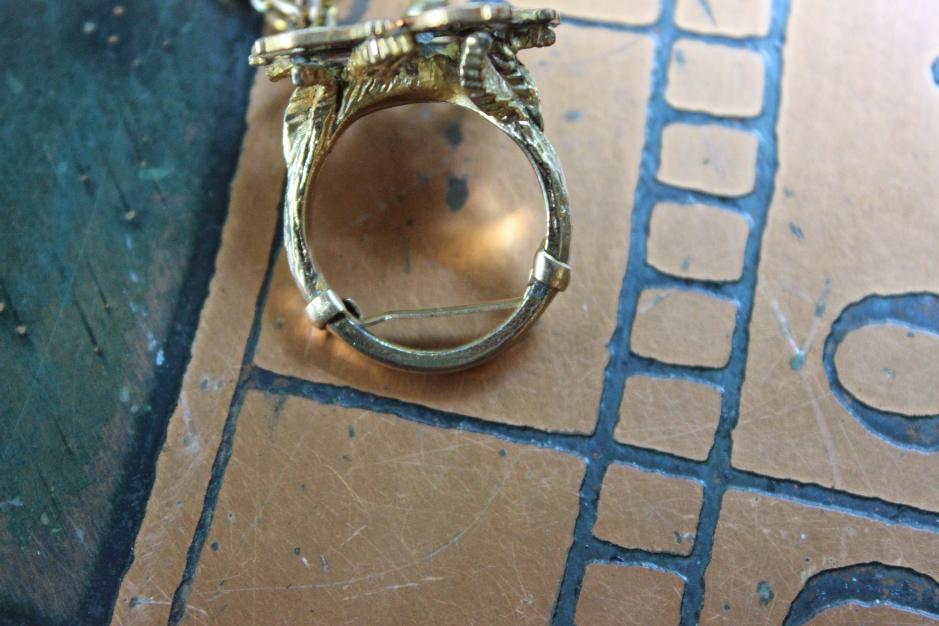 Spiritus Sancti Ring w/Antique Holy Spirit Dove,Antique Sterling Vermeil Cross,Gold Fill Chain Tassel,Vintage Faceted Rhinestone Connector
