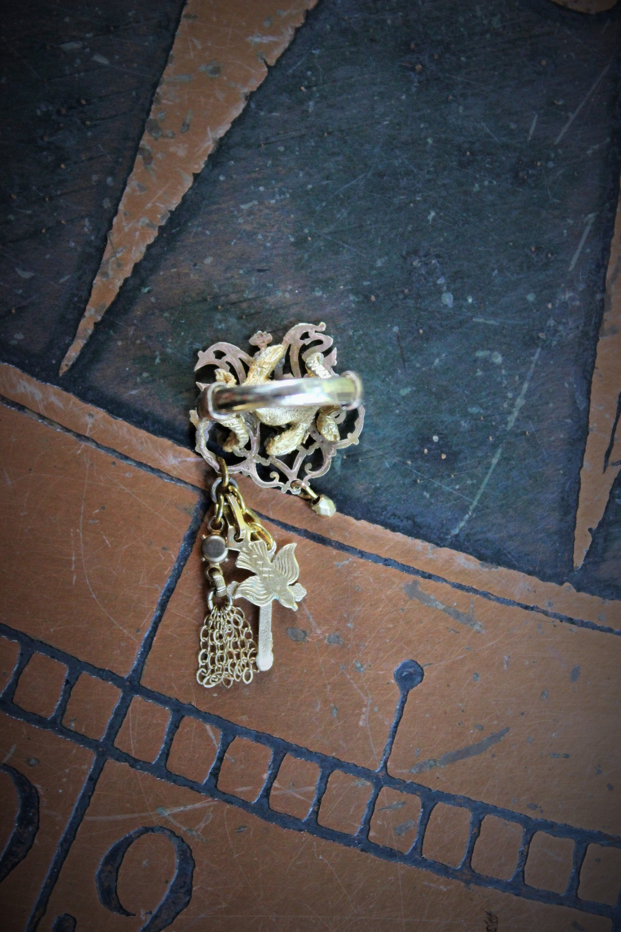 Spiritus Sancti Ring w/Antique Holy Spirit Dove,Antique Sterling Vermeil Cross,Gold Fill Chain Tassel,Vintage Faceted Rhinestone Connector