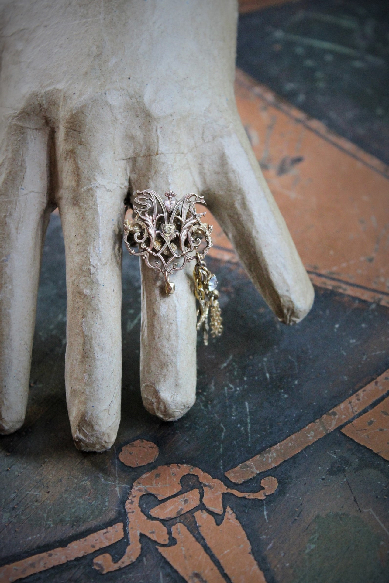 Spiritus Sancti Ring w/Antique Holy Spirit Dove,Antique Sterling Vermeil Cross,Gold Fill Chain Tassel,Vintage Faceted Rhinestone Connector