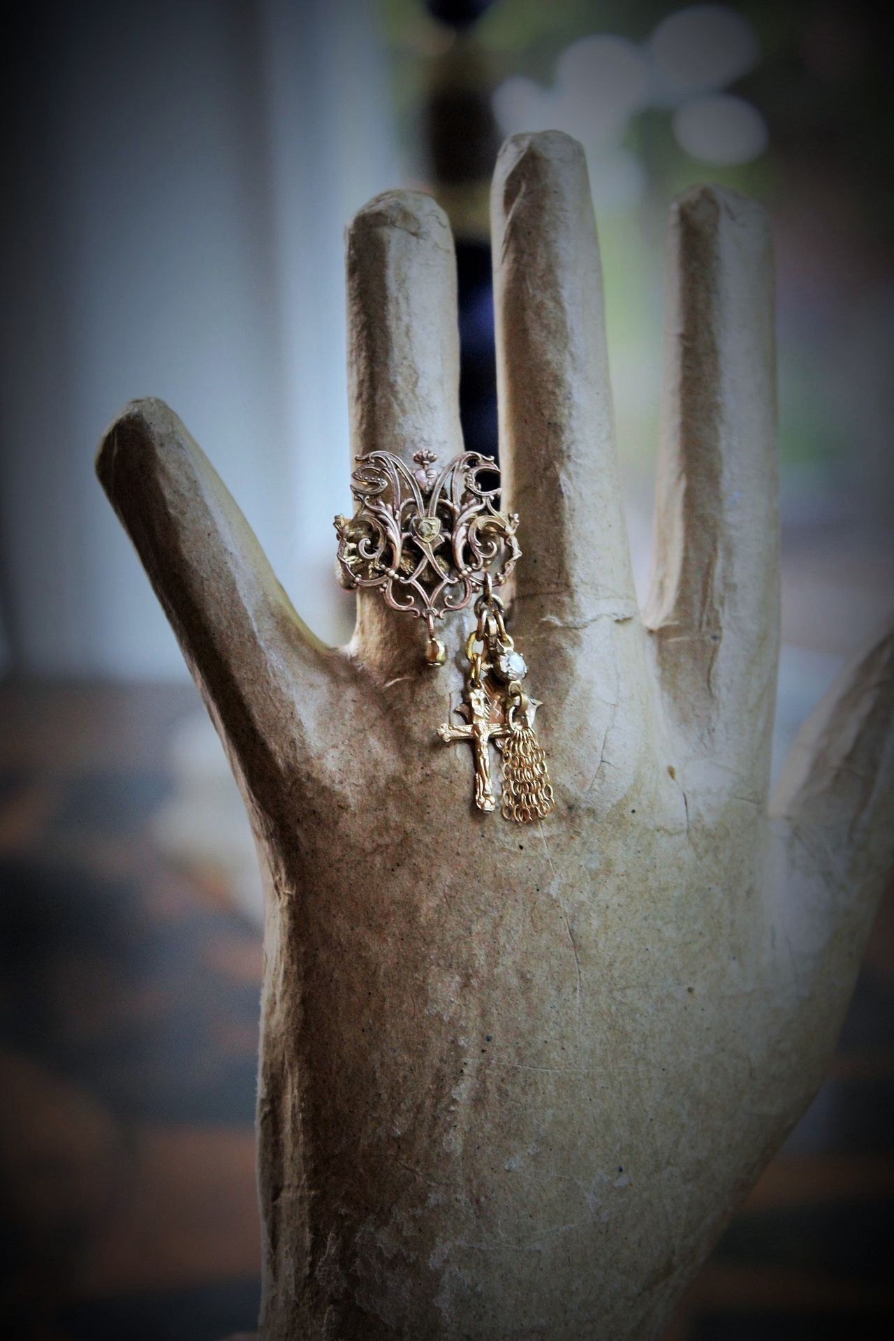 Spiritus Sancti Ring w/Antique Holy Spirit Dove,Antique Sterling Vermeil Cross,Gold Fill Chain Tassel,Vintage Faceted Rhinestone Connector