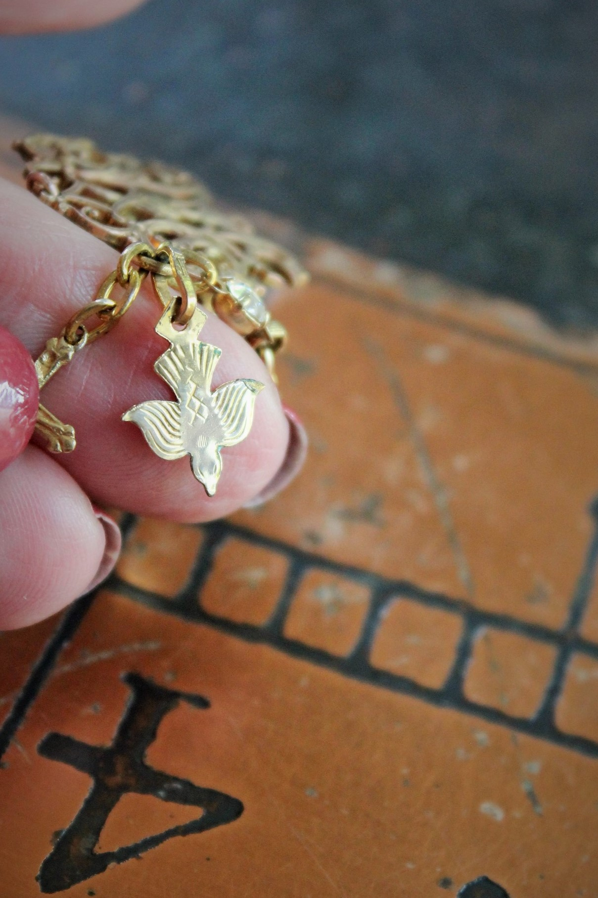Spiritus Sancti Ring w/Antique Holy Spirit Dove,Antique Sterling Vermeil Cross,Gold Fill Chain Tassel,Vintage Faceted Rhinestone Connector
