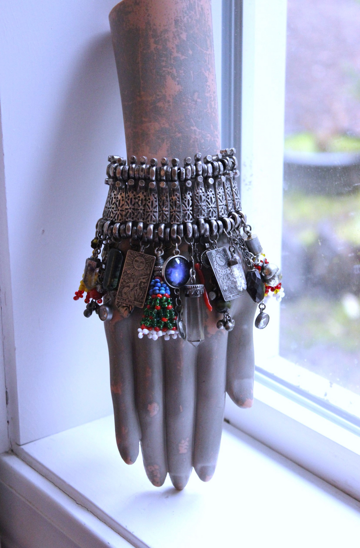 NEW! Fully Loaded Antique Kuchi Gypsy Silver Bracelet w/Sterling Engraved The Sun & The Moon Tarot Charms, Sterling capped Clear Quartz Point,Green Tourmaline Gemstone & Much More!