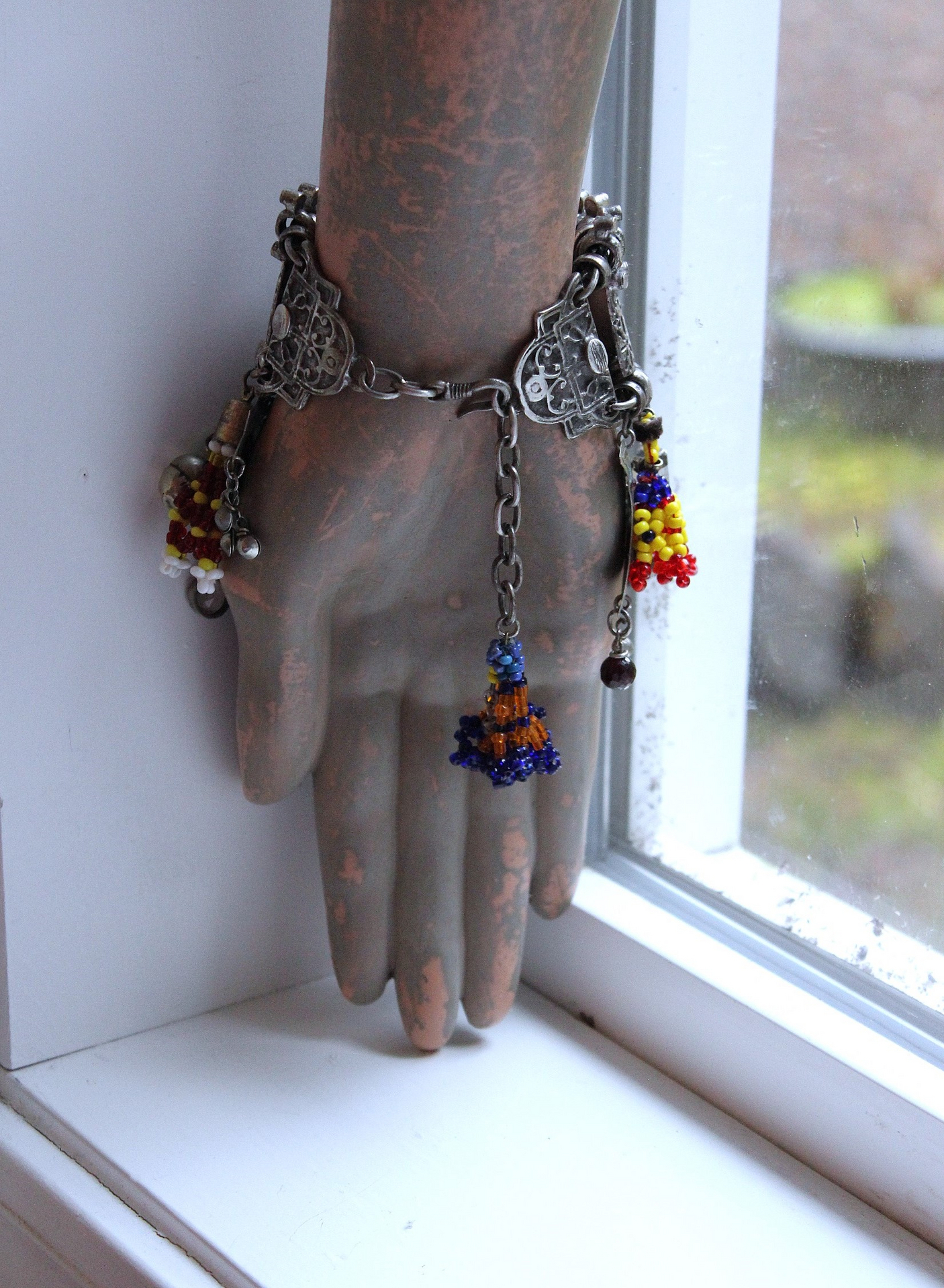 NEW! Fully Loaded Antique Kuchi Gypsy Silver Bracelet w/Sterling Engraved The Sun & The Moon Tarot Charms, Sterling capped Clear Quartz Point,Green Tourmaline Gemstone & Much More!