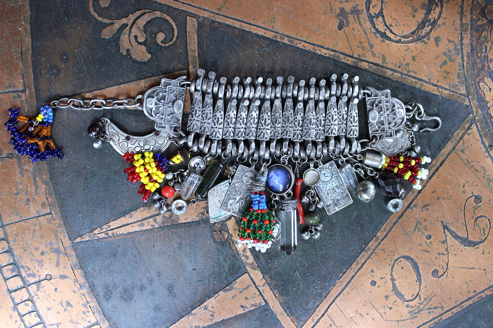 NEW! Fully Loaded Antique Kuchi Gypsy Silver Bracelet w/Sterling Engraved The Sun & The Moon Tarot Charms, Sterling capped Clear Quartz Point,Green Tourmaline Gemstone & Much More!