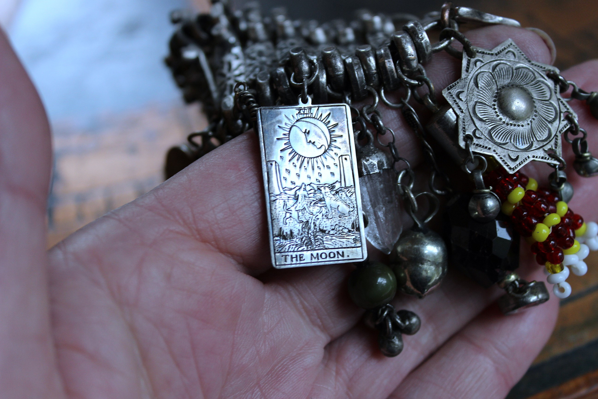 NEW! Fully Loaded Antique Kuchi Gypsy Silver Bracelet w/Sterling Engraved The Sun & The Moon Tarot Charms, Sterling capped Clear Quartz Point,Green Tourmaline Gemstone & Much More!