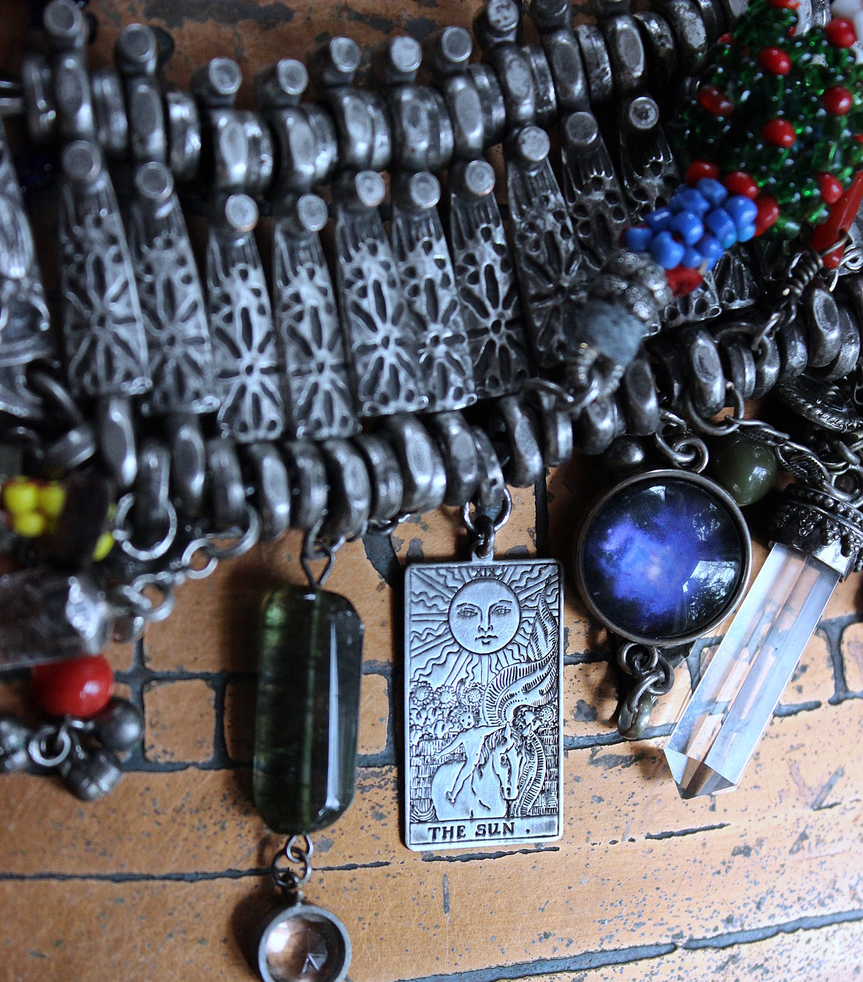 NEW! Fully Loaded Antique Kuchi Gypsy Silver Bracelet w/Sterling Engraved The Sun & The Moon Tarot Charms, Sterling capped Clear Quartz Point,Green Tourmaline Gemstone & Much More!