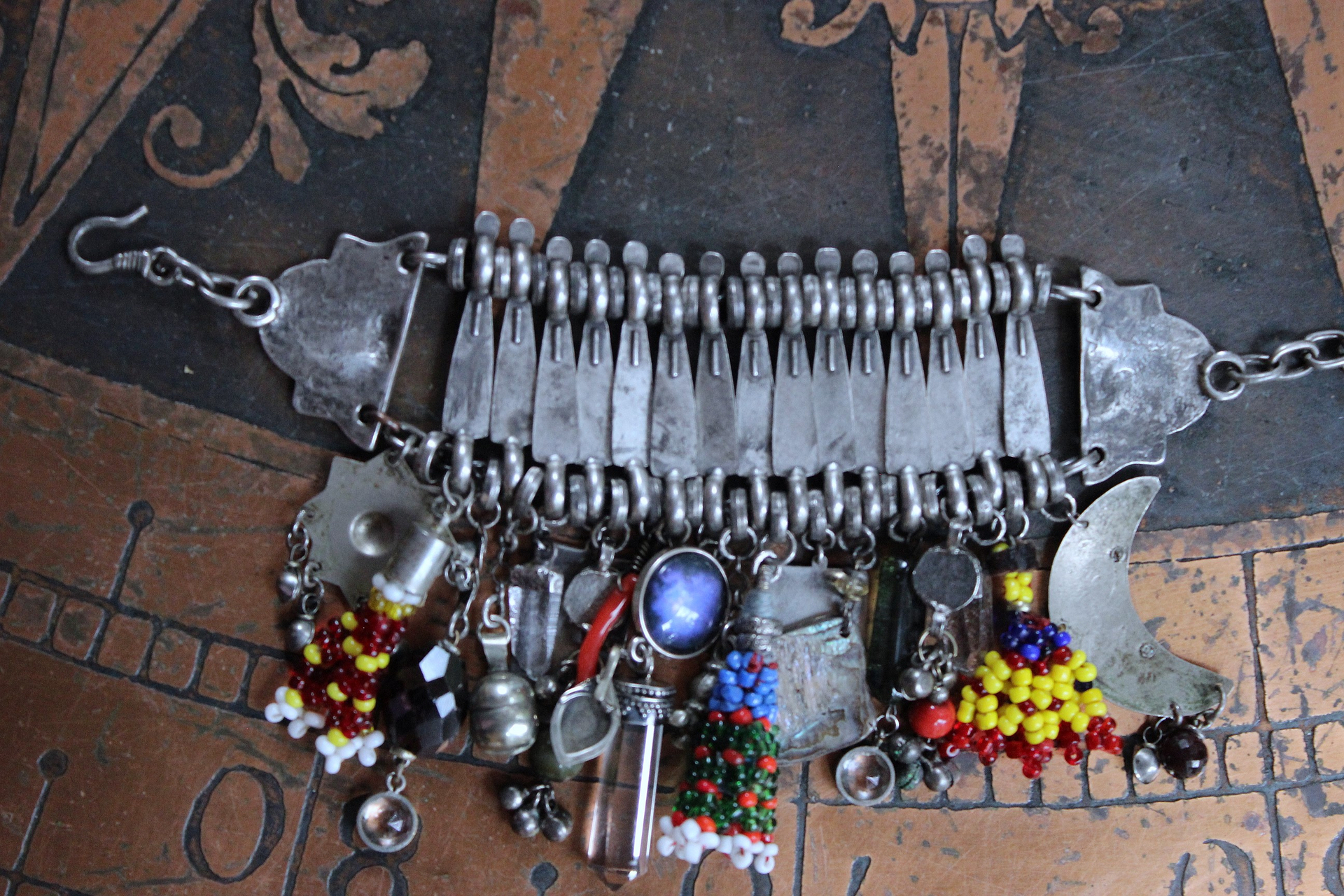 NEW! Fully Loaded Antique Kuchi Gypsy Silver Bracelet w/Sterling Engraved The Sun & The Moon Tarot Charms, Sterling capped Clear Quartz Point,Green Tourmaline Gemstone & Much More!