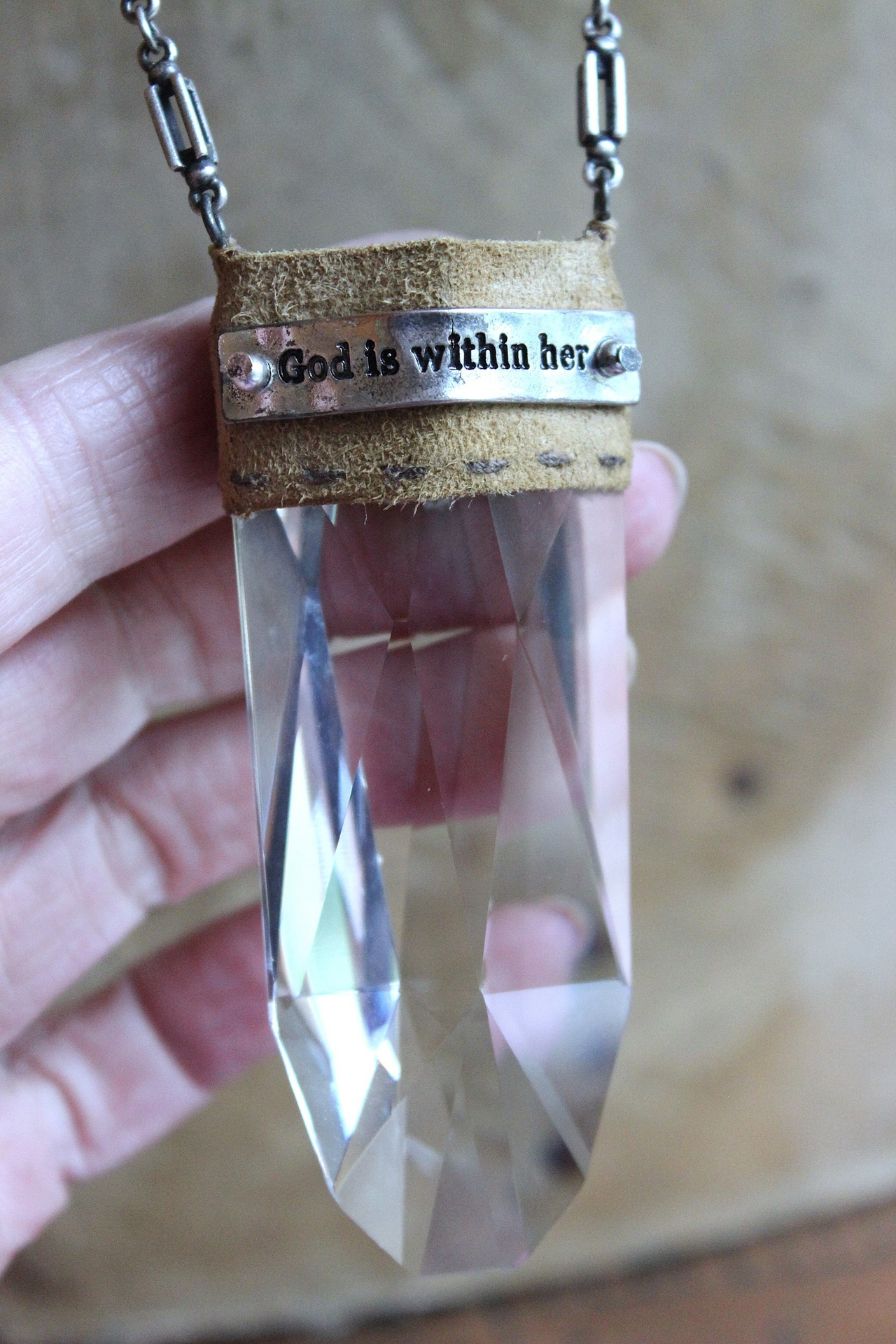 NEW! God is within Her Necklace with Amazing Far Infrared Faceted Tower Point Pendant, Unique Silver Chain & Super Soft Suede Leather