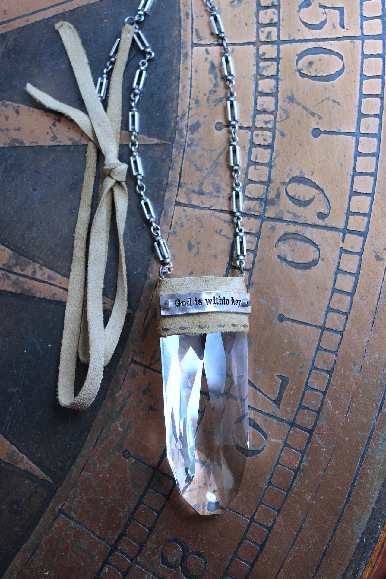 NEW! God is within Her Necklace with Amazing Far Infrared Faceted Tower Point Pendant, Unique Silver Chain & Super Soft Suede Leather