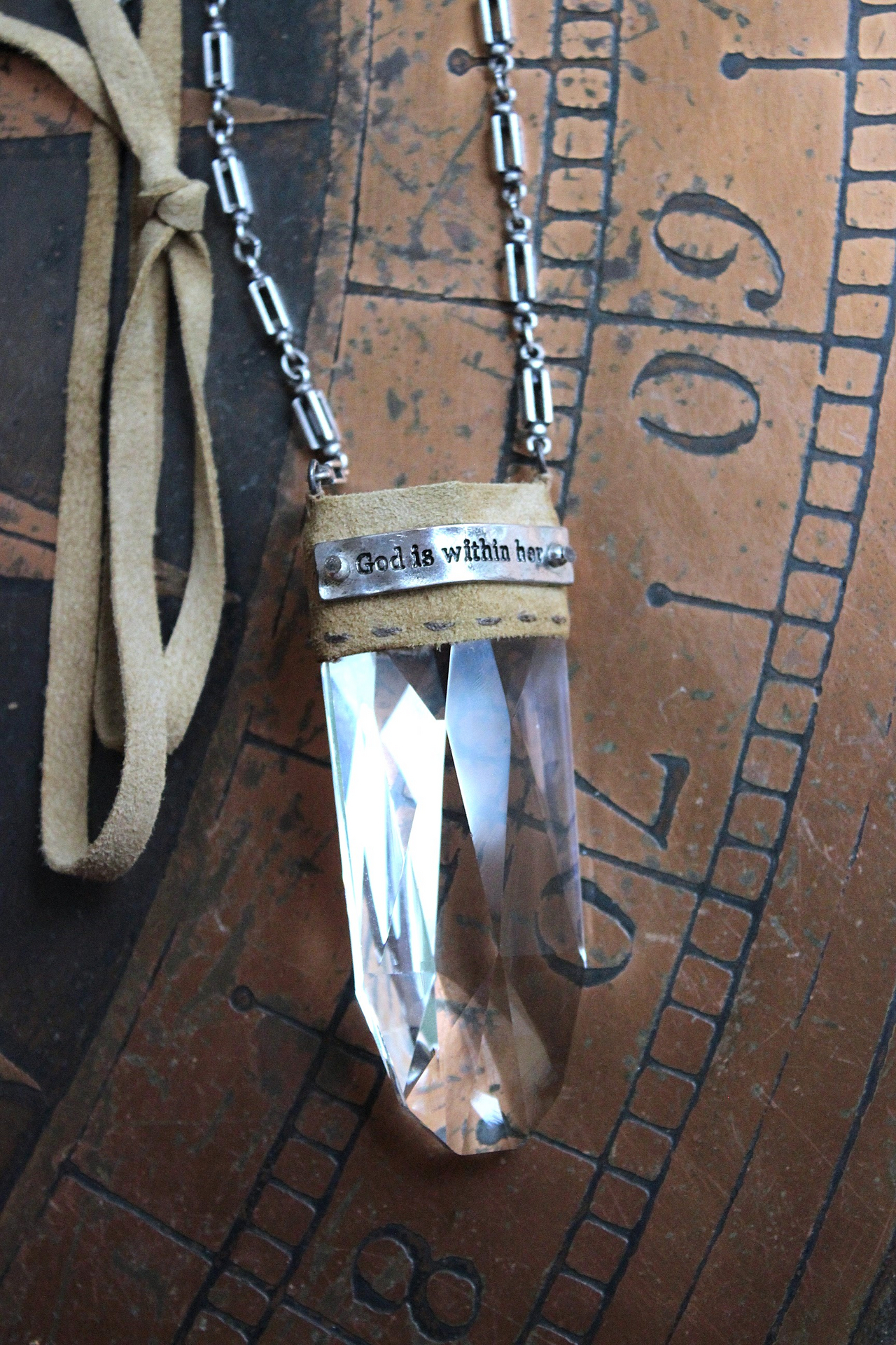 NEW! God is within Her Necklace with Amazing Far Infrared Faceted Tower Point Pendant, Unique Silver Chain & Super Soft Suede Leather