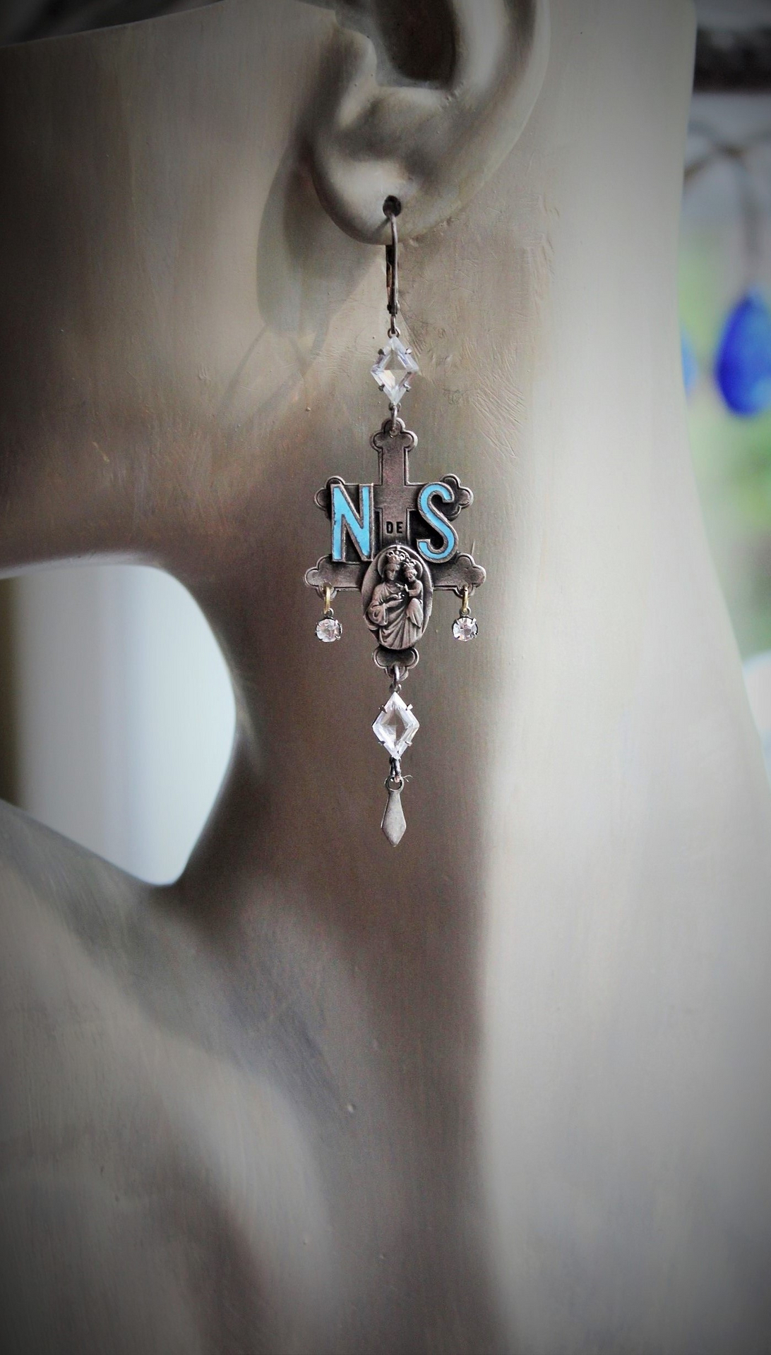 Our Lady of Sion Earrings w/Extraordinary Matching Antique French Our Lady of Sion Blue Enamel Medals,Antique Faceted Crystals,Sterling Earring Wires