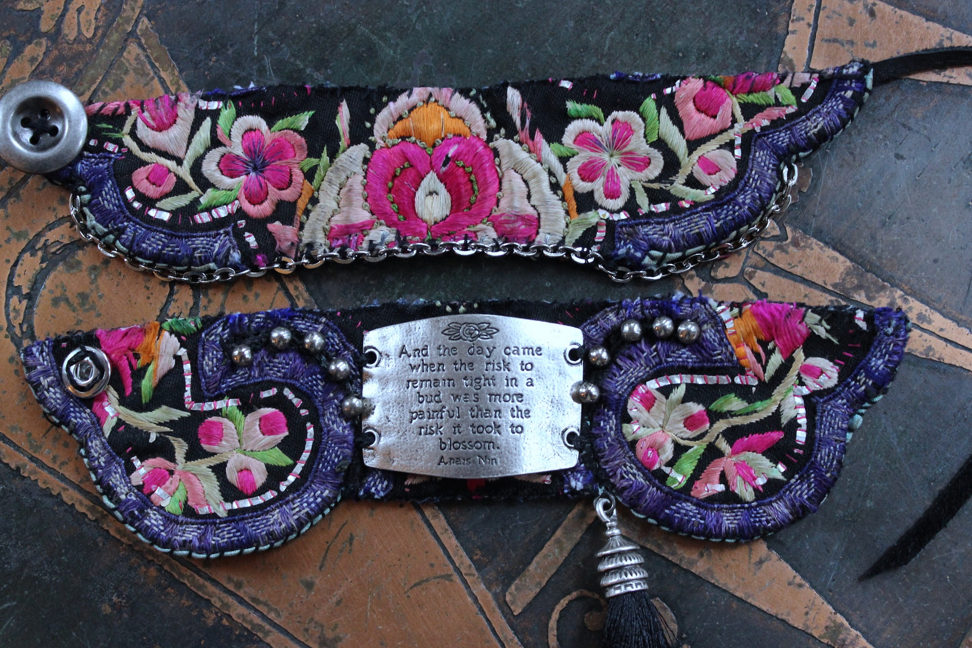 NEW! And the Day Came Bracelet Set with Antique Embroidered Hmong Textile, Engraved Metal Plate, Silk Tassel & Silver Beads