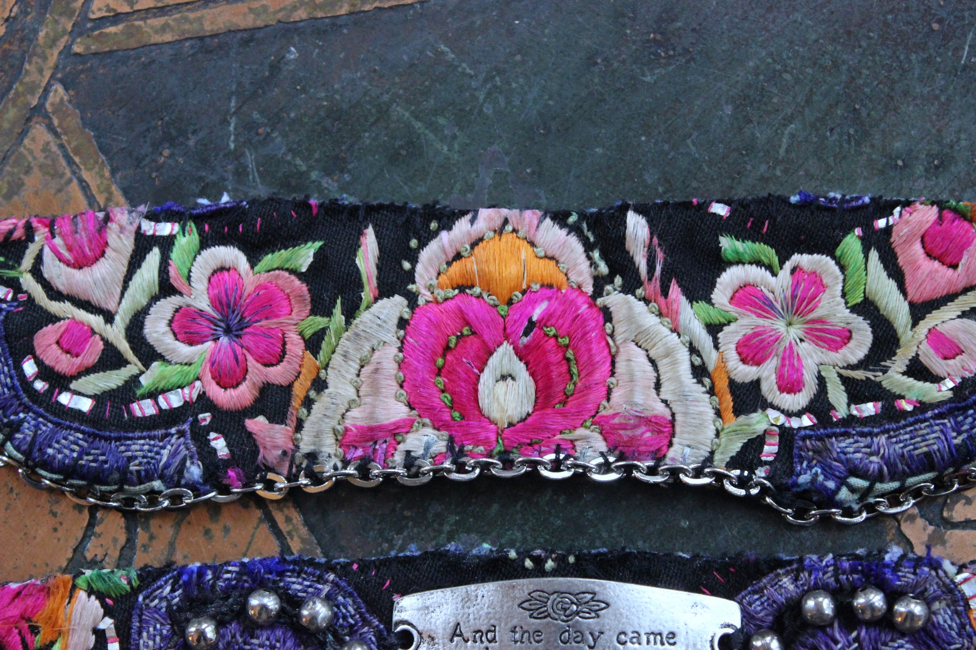 NEW! And the Day Came Bracelet Set with Antique Embroidered Hmong Textile, Engraved Metal Plate, Silk Tassel & Silver Beads