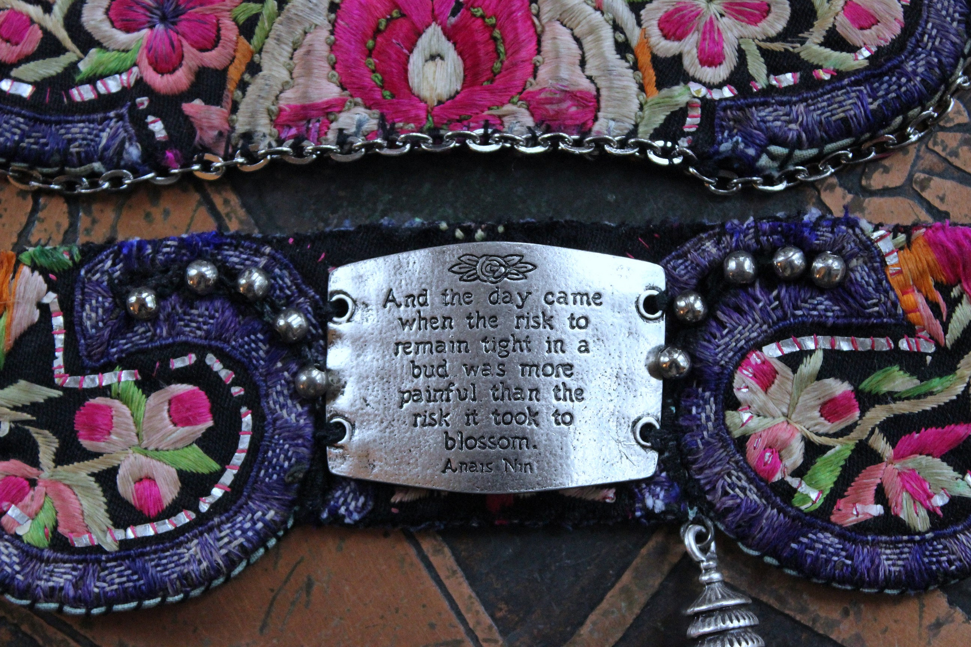 NEW! And the Day Came Bracelet Set with Antique Embroidered Hmong Textile, Engraved Metal Plate, Silk Tassel & Silver Beads