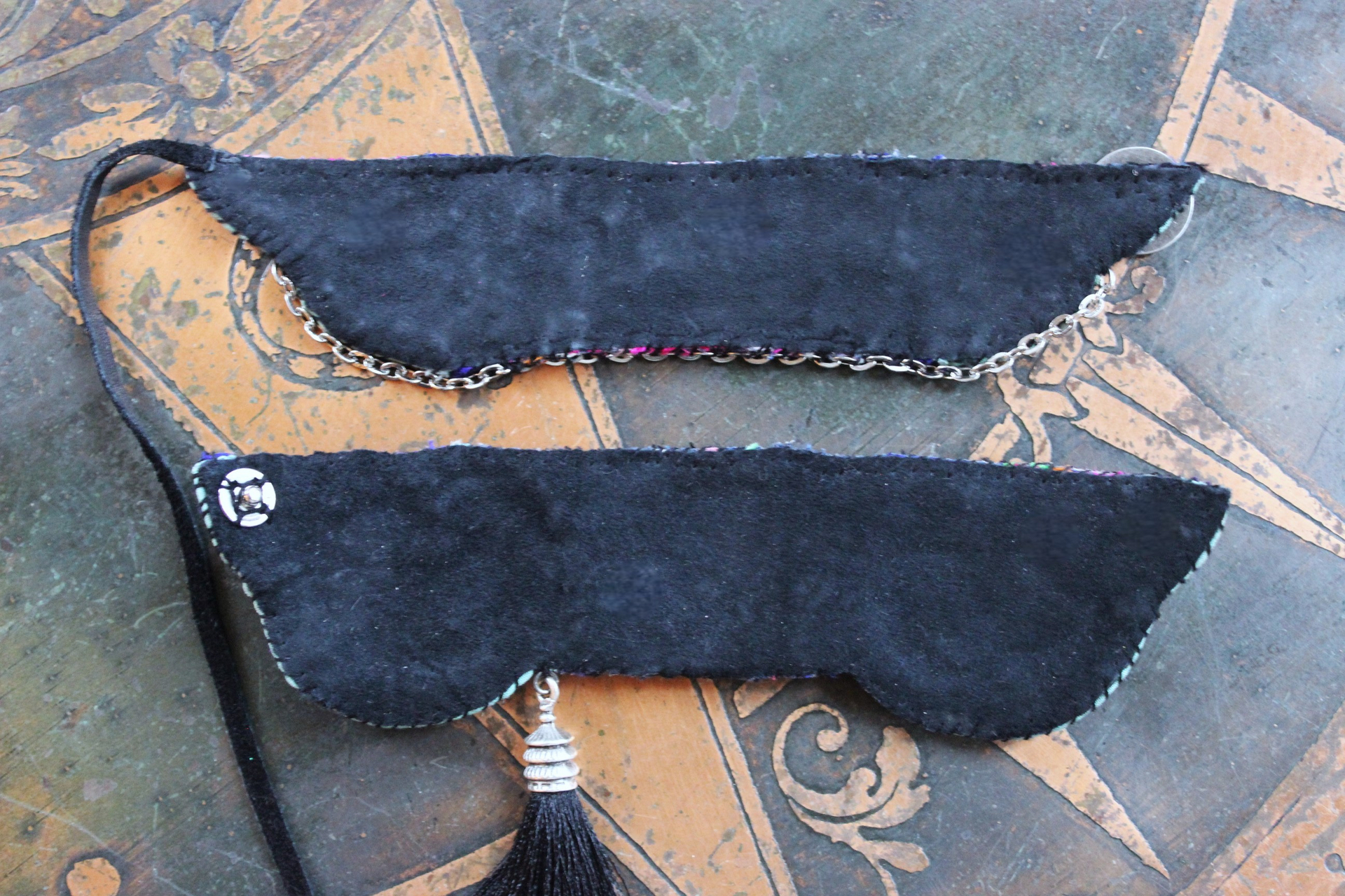 NEW! And the Day Came Bracelet Set with Antique Embroidered Hmong Textile, Engraved Metal Plate, Silk Tassel & Silver Beads