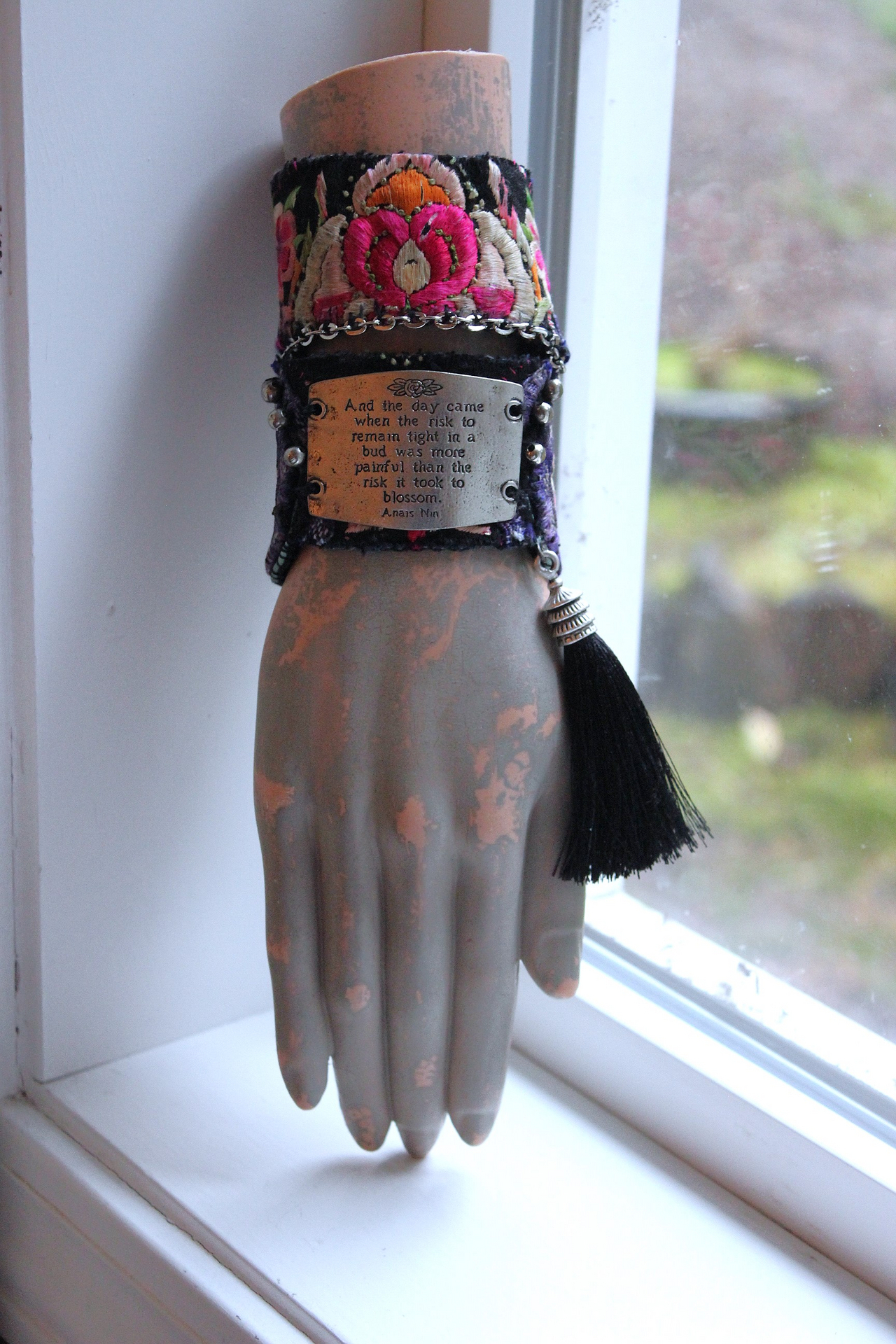 NEW! And the Day Came Bracelet Set with Antique Embroidered Hmong Textile, Engraved Metal Plate, Silk Tassel & Silver Beads