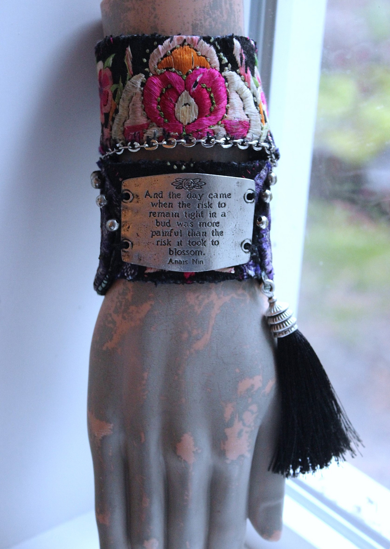 NEW! And the Day Came Bracelet Set with Antique Embroidered Hmong Textile, Engraved Metal Plate, Silk Tassel & Silver Beads