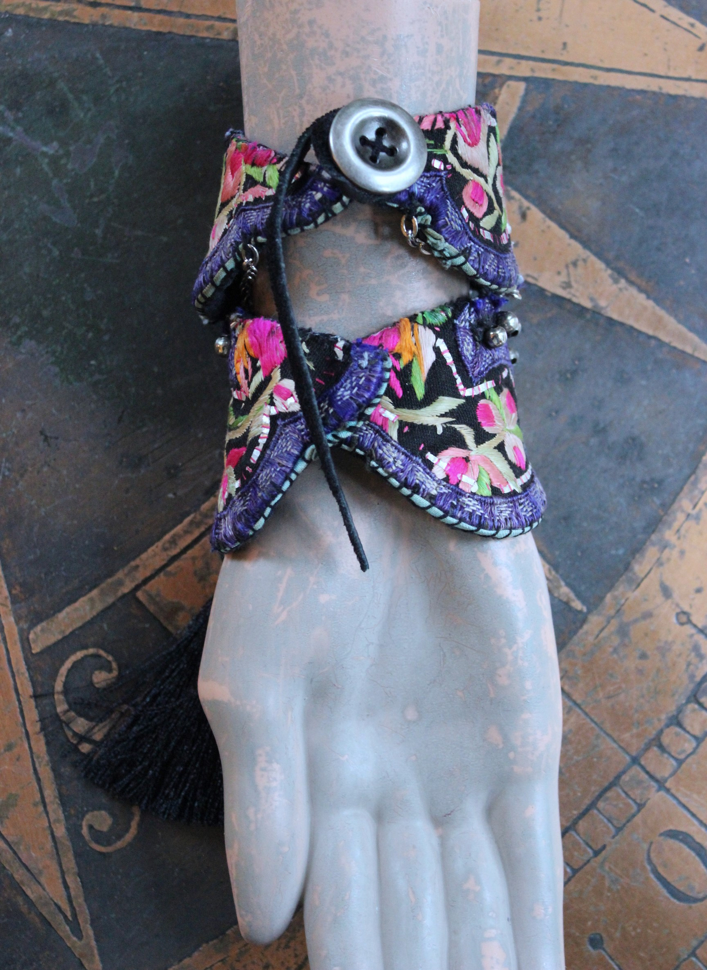 NEW! And the Day Came Bracelet Set with Antique Embroidered Hmong Textile, Engraved Metal Plate, Silk Tassel & Silver Beads