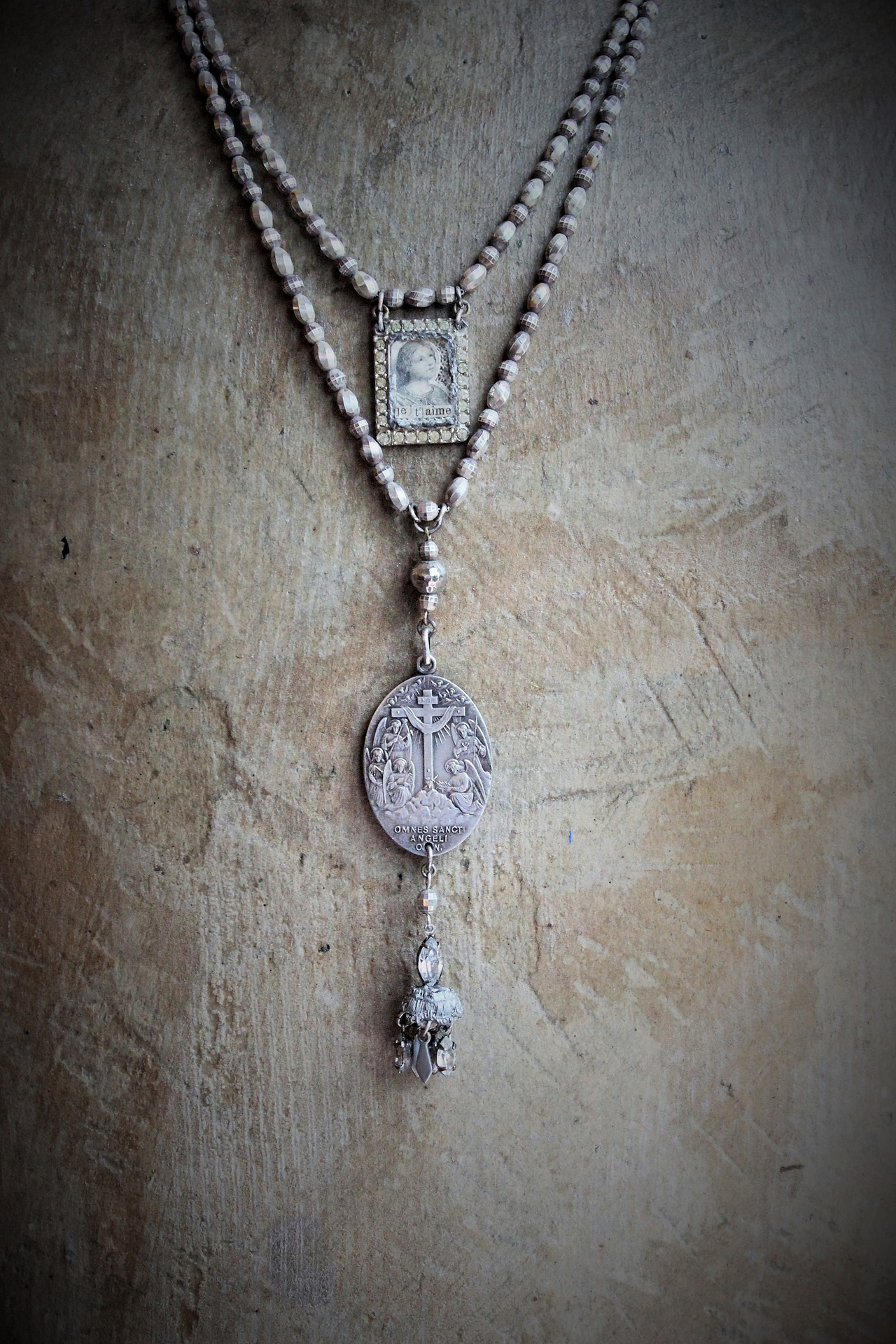 All the Holy Angels Necklace w/AMAZING Antique Omnes Sancti Angeli Medal,Antique Faceted Sterling Beads,Antique French Scapular Finding