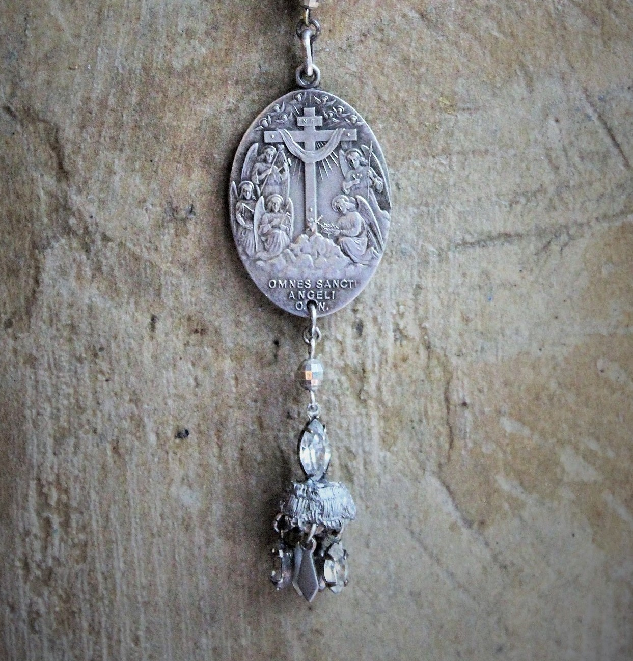 All the Holy Angels Necklace w/AMAZING Antique Omnes Sancti Angeli Medal,Antique Faceted Sterling Beads,Antique French Scapular Finding