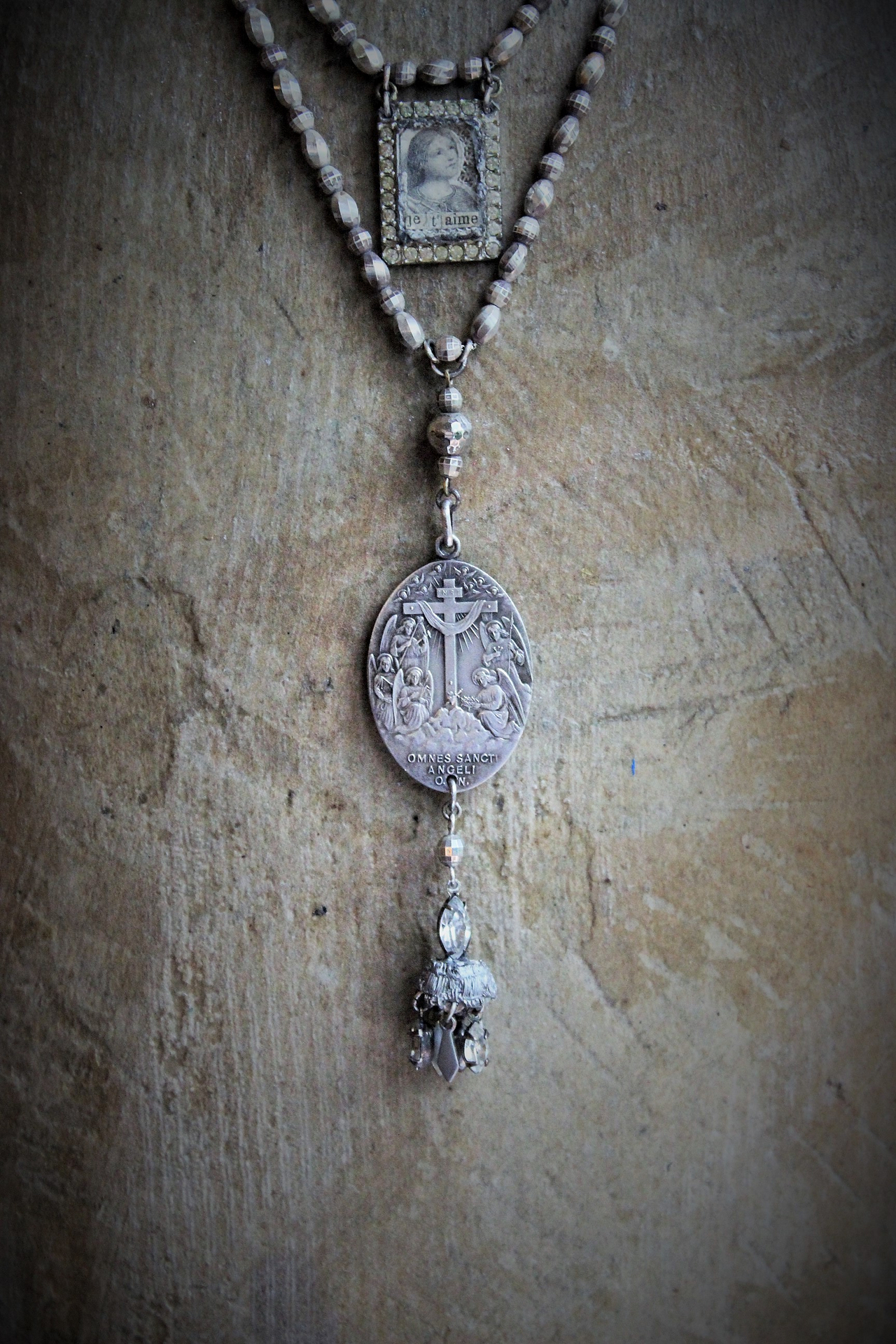 All the Holy Angels Necklace w/AMAZING Antique Omnes Sancti Angeli Medal,Antique Faceted Sterling Beads,Antique French Scapular Finding