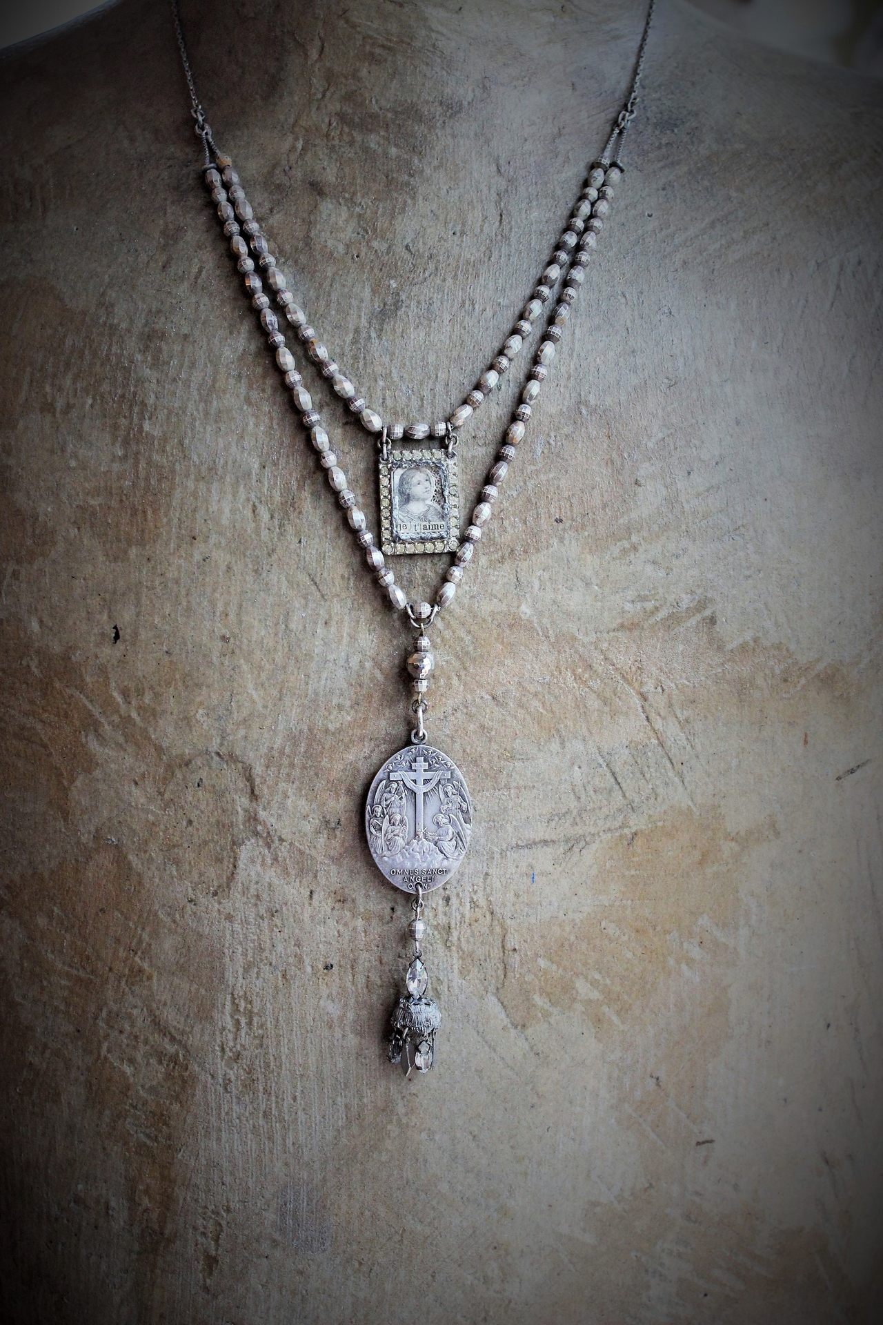 All the Holy Angels Necklace w/AMAZING Antique Omnes Sancti Angeli Medal,Antique Faceted Sterling Beads,Antique French Scapular Finding