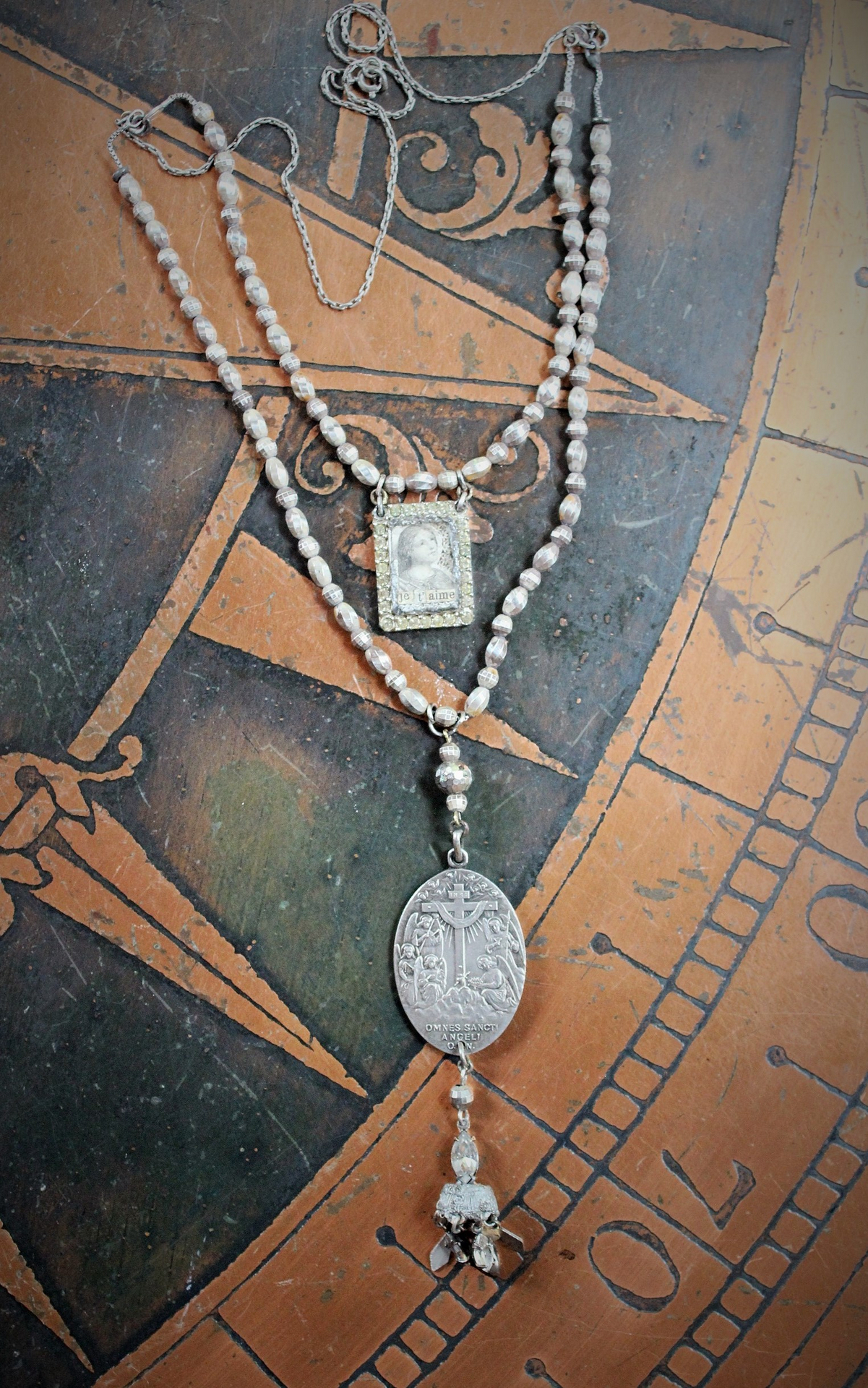 All the Holy Angels Necklace w/AMAZING Antique Omnes Sancti Angeli Medal,Antique Faceted Sterling Beads,Antique French Scapular Finding