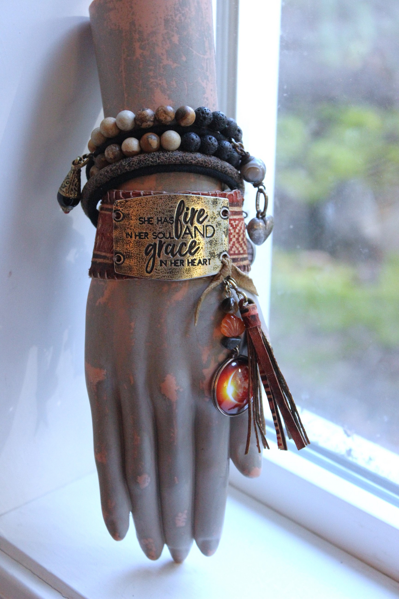 Fire in Her Soul Bracelet with Antique Hand Carved Leather Cuff,Engraved Metal Finding,Leather Tassel,Solar Eclipse Dangle,Carved Carnelian & More!