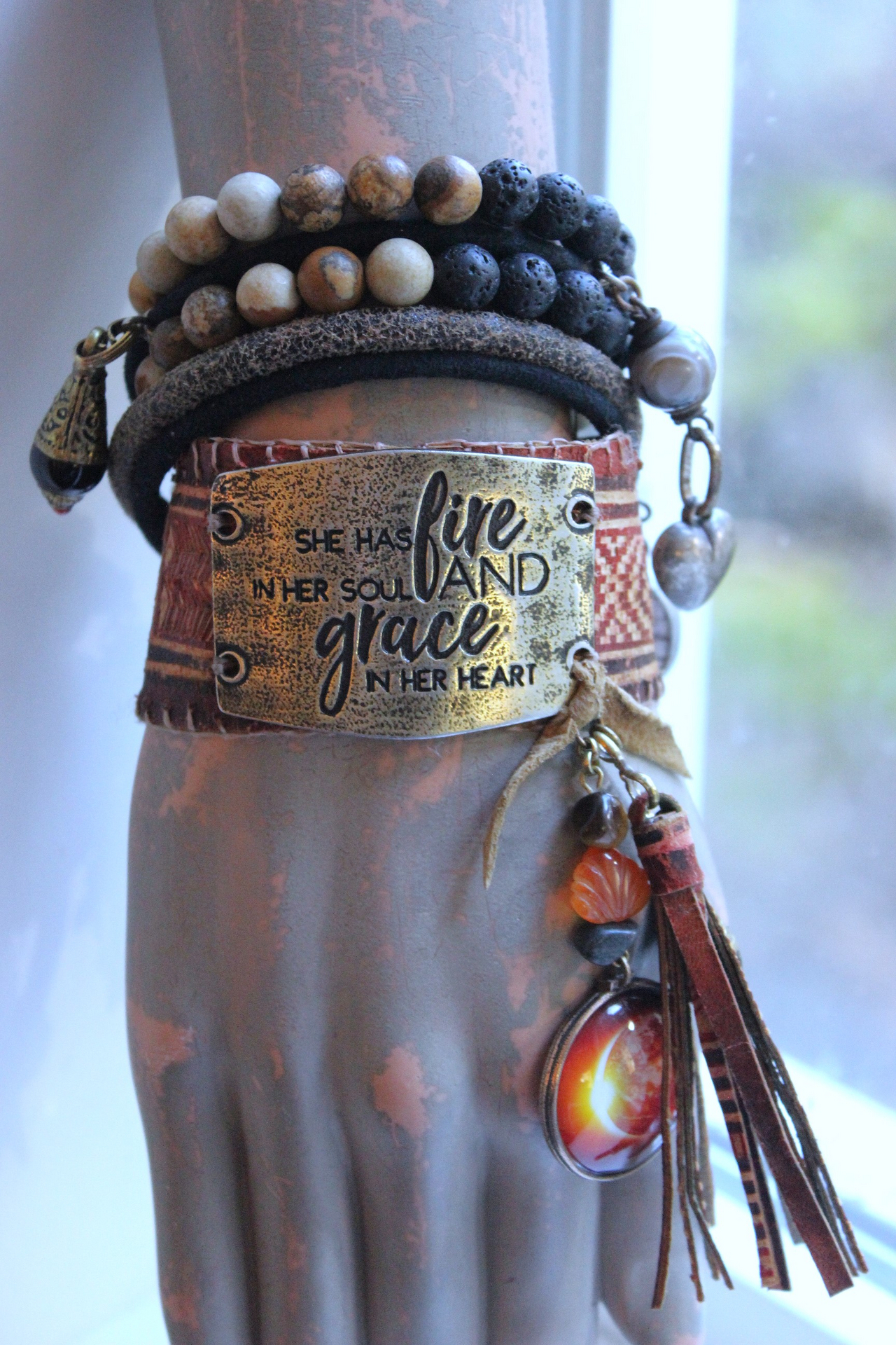 Fire in Her Soul Bracelet with Antique Hand Carved Leather Cuff,Engraved Metal Finding,Leather Tassel,Solar Eclipse Dangle,Carved Carnelian & More!