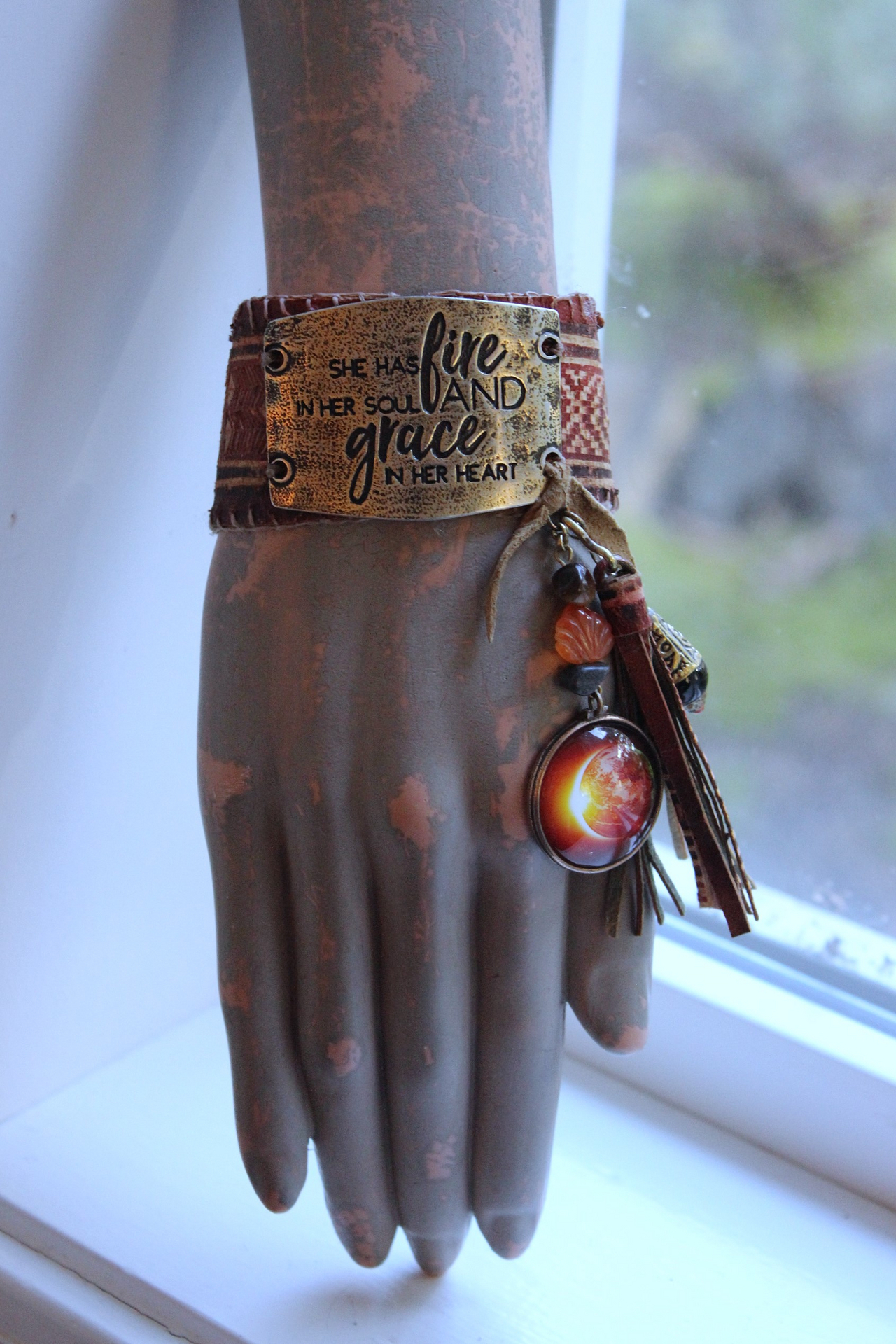 Fire in Her Soul Bracelet with Antique Hand Carved Leather Cuff,Engraved Metal Finding,Leather Tassel,Solar Eclipse Dangle,Carved Carnelian & More!