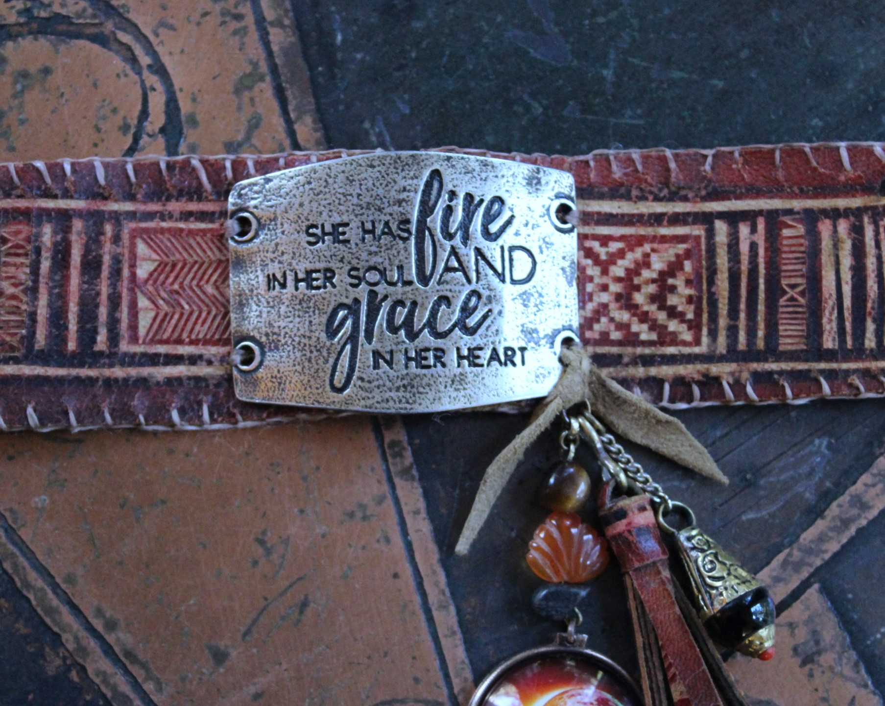 Fire in Her Soul Bracelet with Antique Hand Carved Leather Cuff,Engraved Metal Finding,Leather Tassel,Solar Eclipse Dangle,Carved Carnelian & More!
