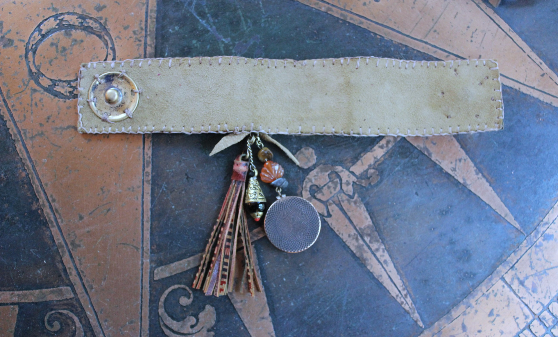 Fire in Her Soul Bracelet with Antique Hand Carved Leather Cuff,Engraved Metal Finding,Leather Tassel,Solar Eclipse Dangle,Carved Carnelian & More!