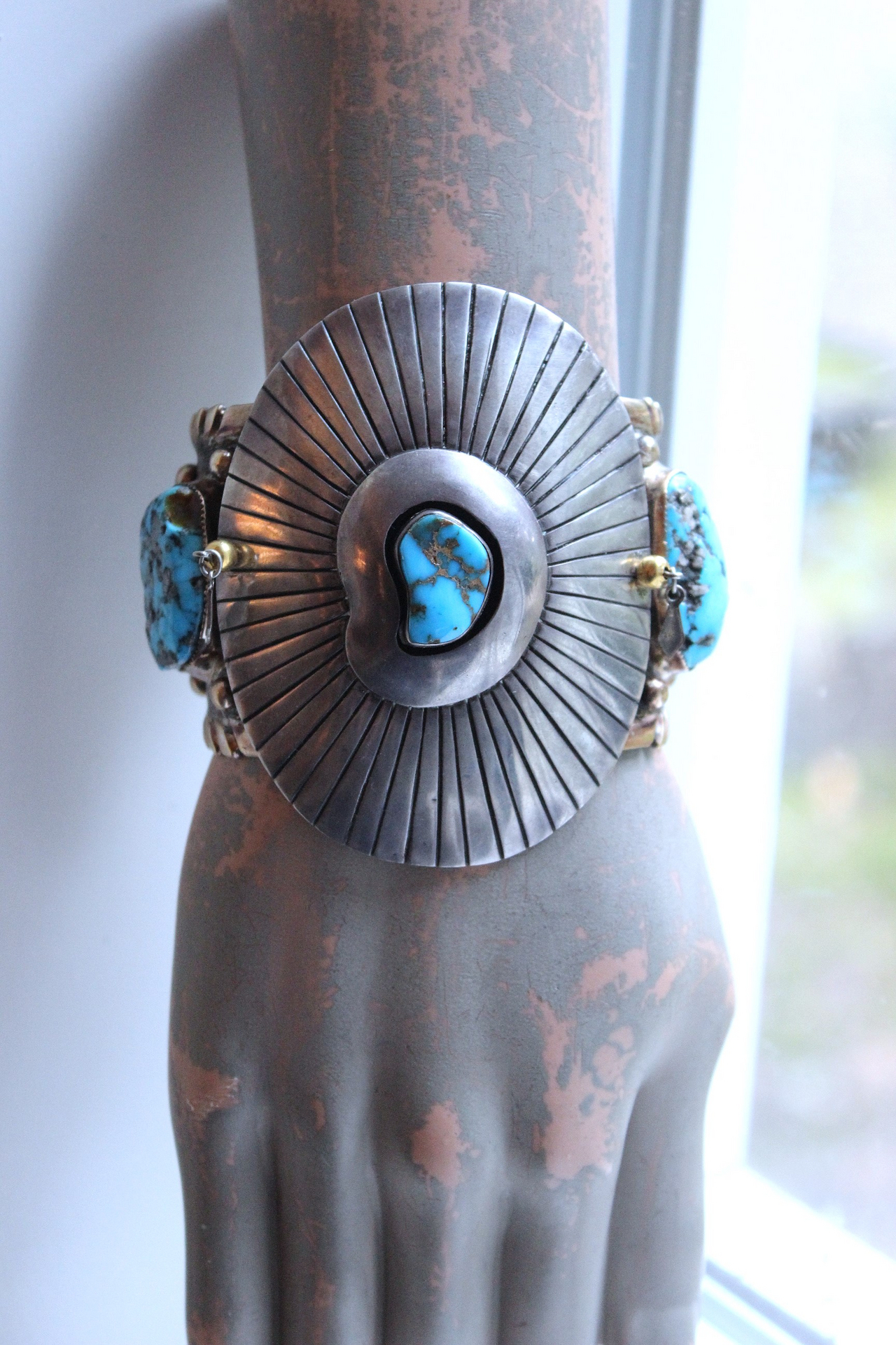 NEW! Gorgeous Sterling & Gold Bisbee Turquoise Signed Cuff Bracelet with Sterling Tassel & 14K Bead