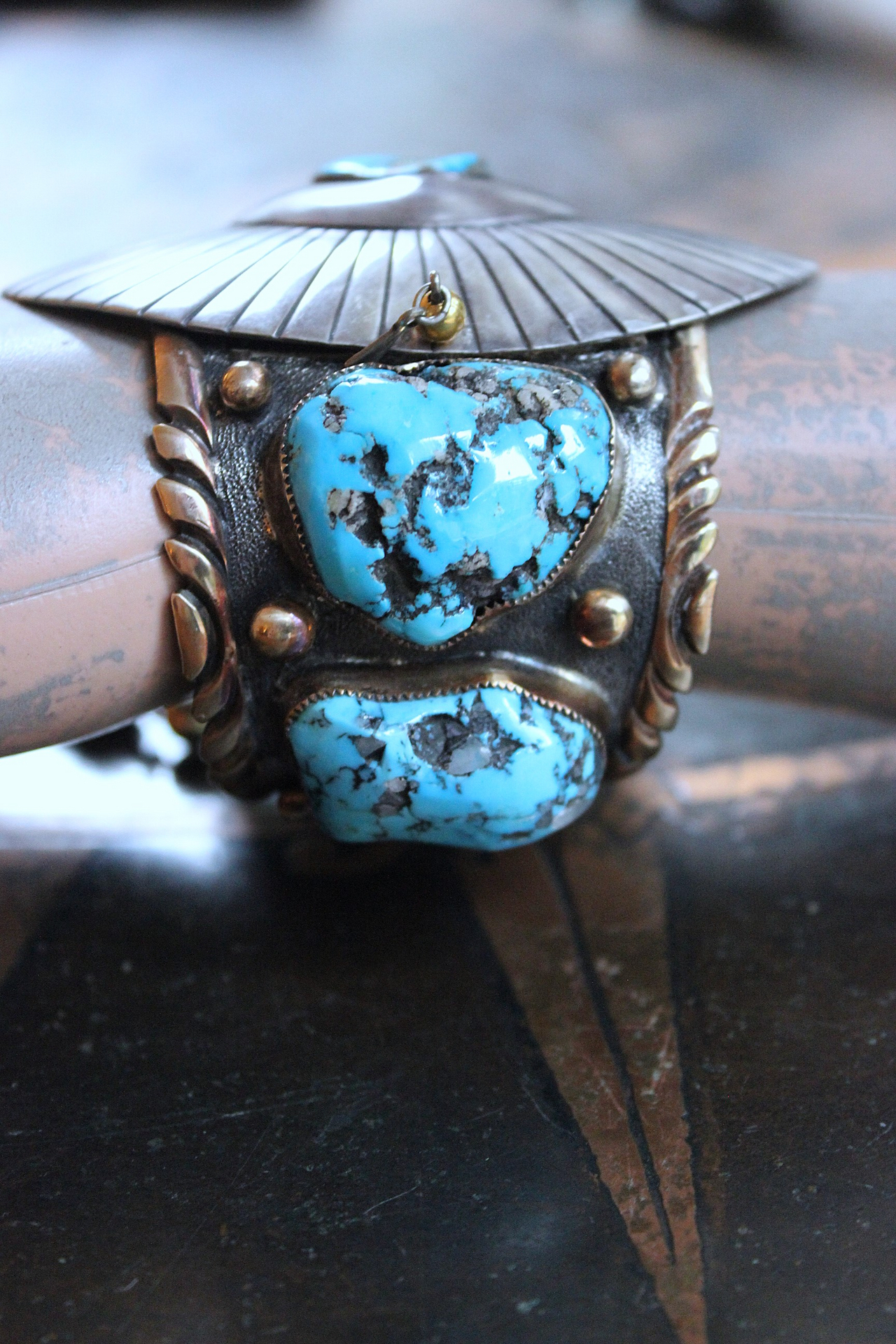 NEW! Gorgeous Sterling & Gold Bisbee Turquoise Signed Cuff Bracelet with Sterling Tassel & 14K Bead