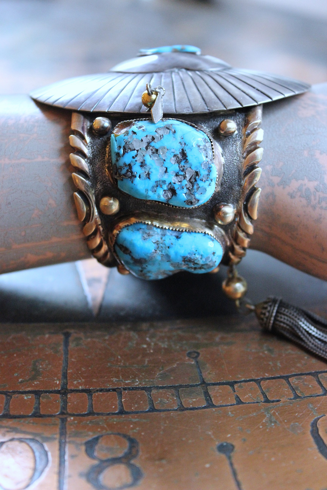 NEW! Gorgeous Sterling & Gold Bisbee Turquoise Signed Cuff Bracelet with Sterling Tassel & 14K Bead