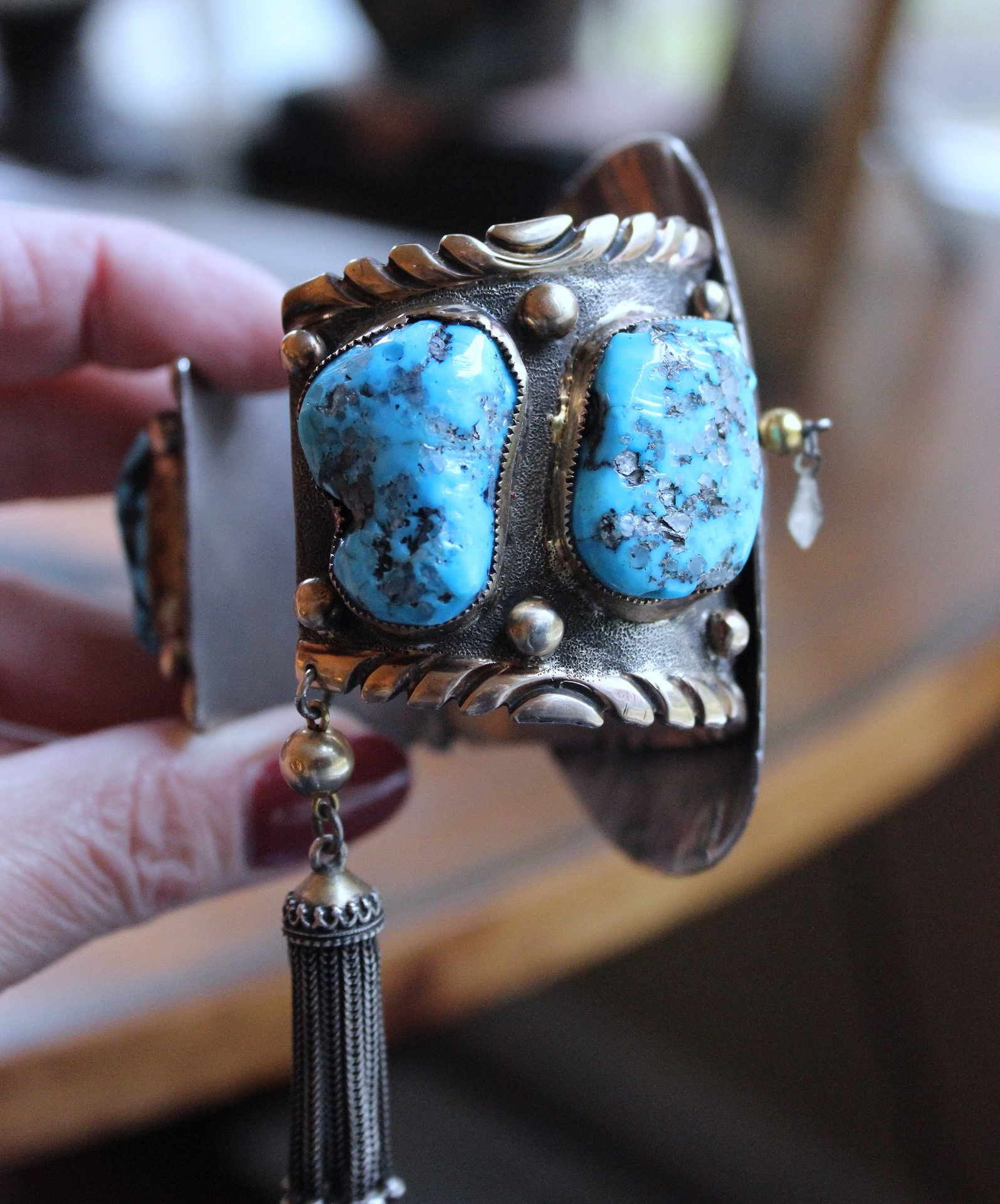 NEW! Gorgeous Sterling & Gold Bisbee Turquoise Signed Cuff Bracelet with Sterling Tassel & 14K Bead