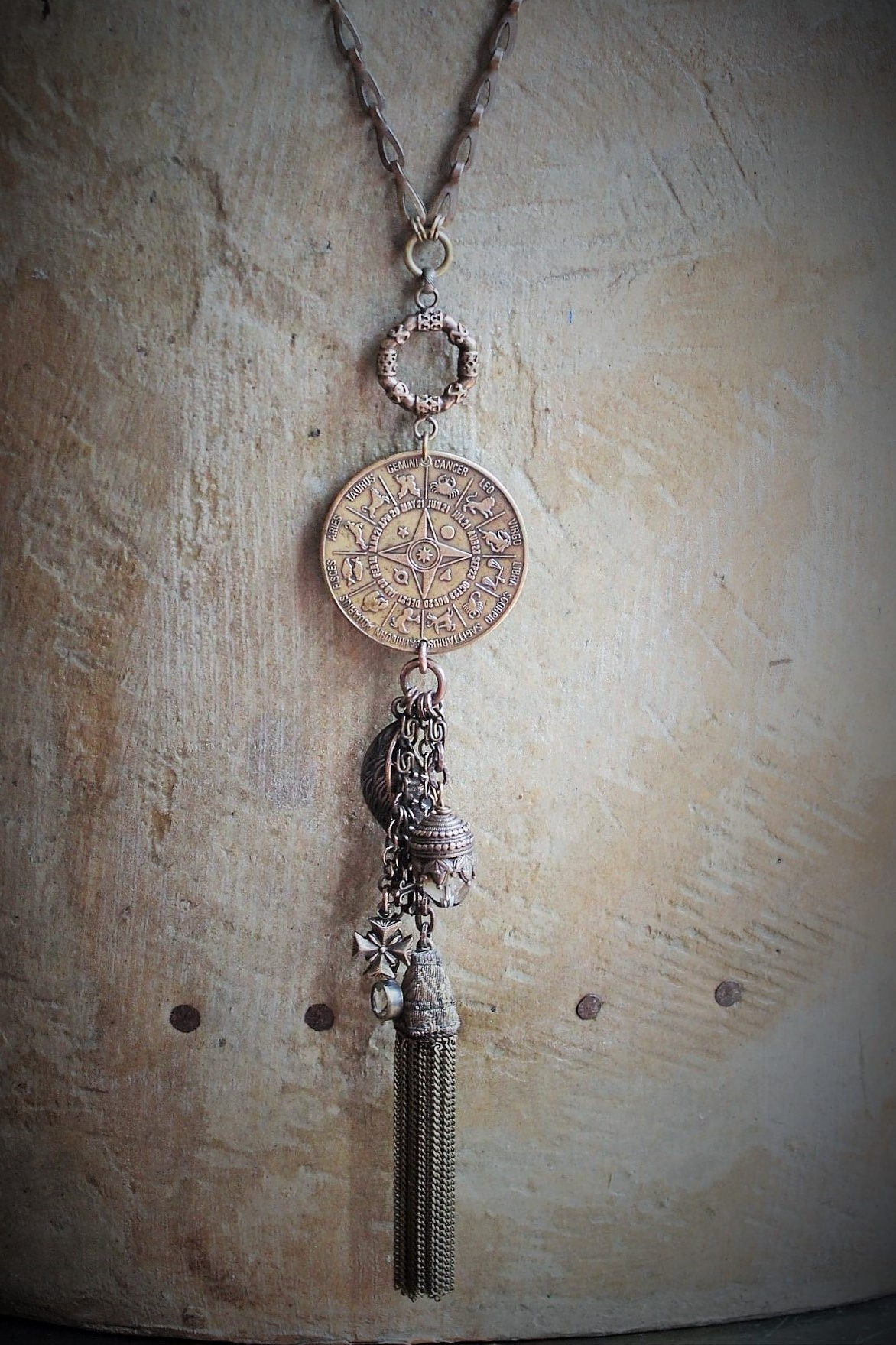 The Circle of Life Necklace w/Vintage 1950's Astrological & Spiritual Medal,Antique Clock Chain,Unique Chain Tassel+ More!