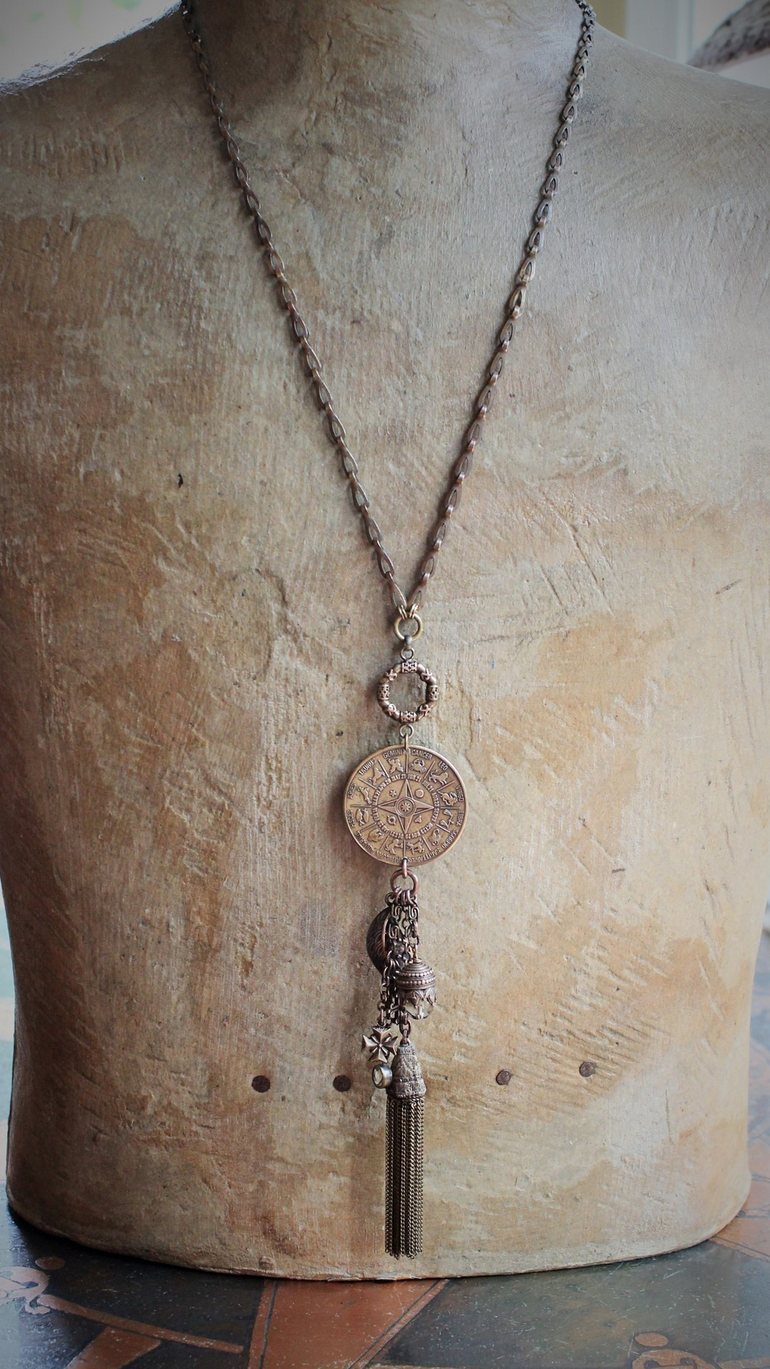 The Circle of Life Necklace w/Vintage 1950's Astrological & Spiritual Medal,Antique Clock Chain,Unique Chain Tassel+ More!