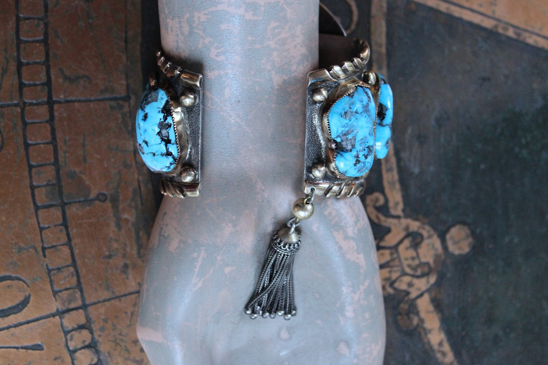 NEW! Gorgeous Sterling & Gold Bisbee Turquoise Signed Cuff Bracelet with Sterling Tassel & 14K Bead